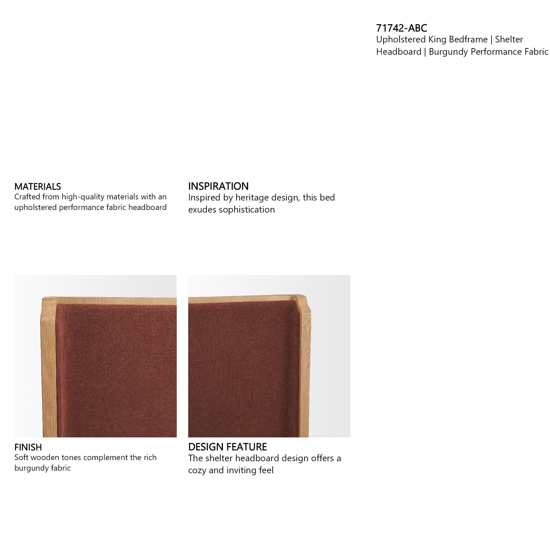 Holden King Upholstered Bedframe | Shelter Headboard | Burgundy Performance Fabric — in a styled room