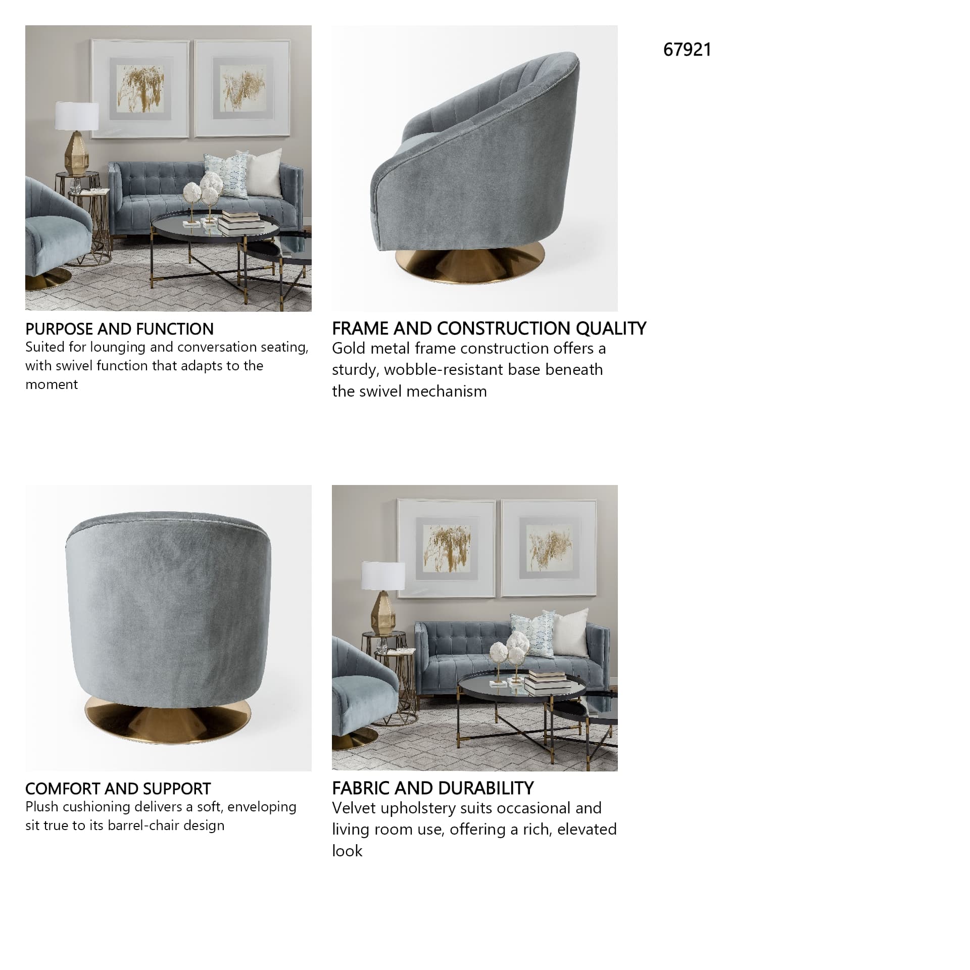 James II Gray Blue Velvet Covered Seat w Gold Swivel Base Accent Chair — in a styled room