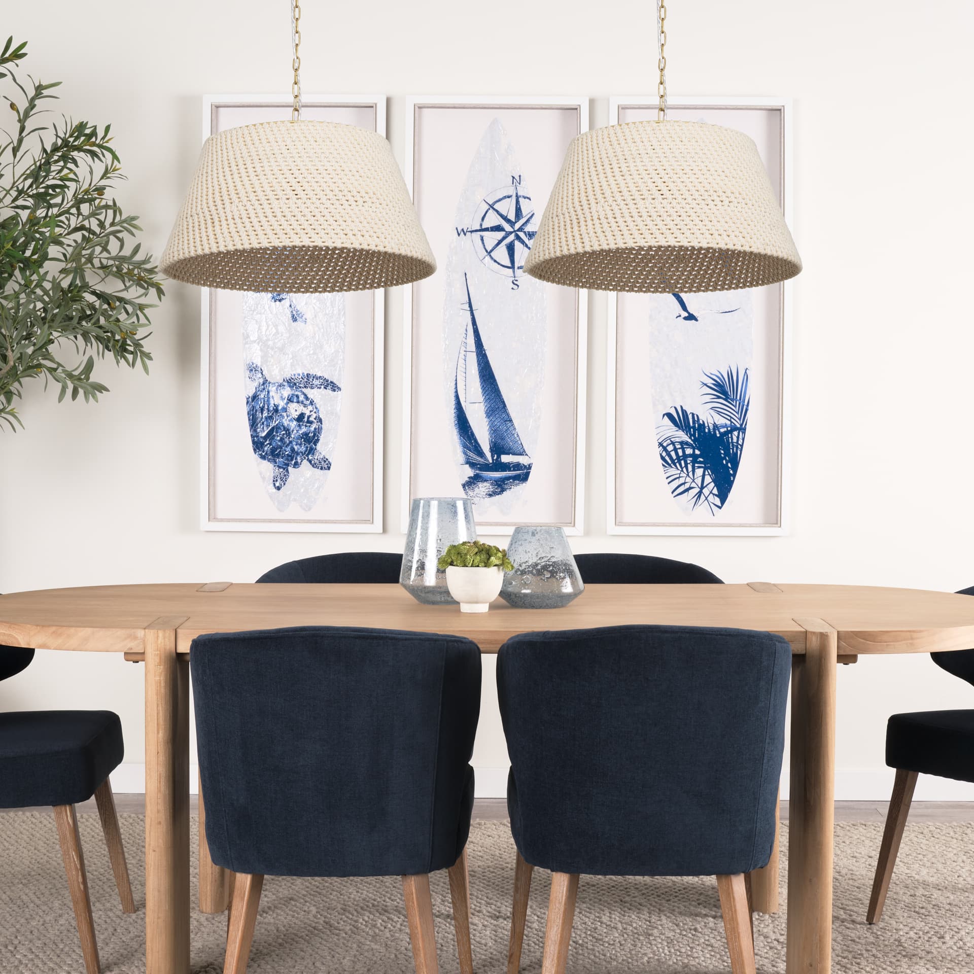 Tosha 1-Light Tapered Cotton Rope Drum Pendant — in a styled room