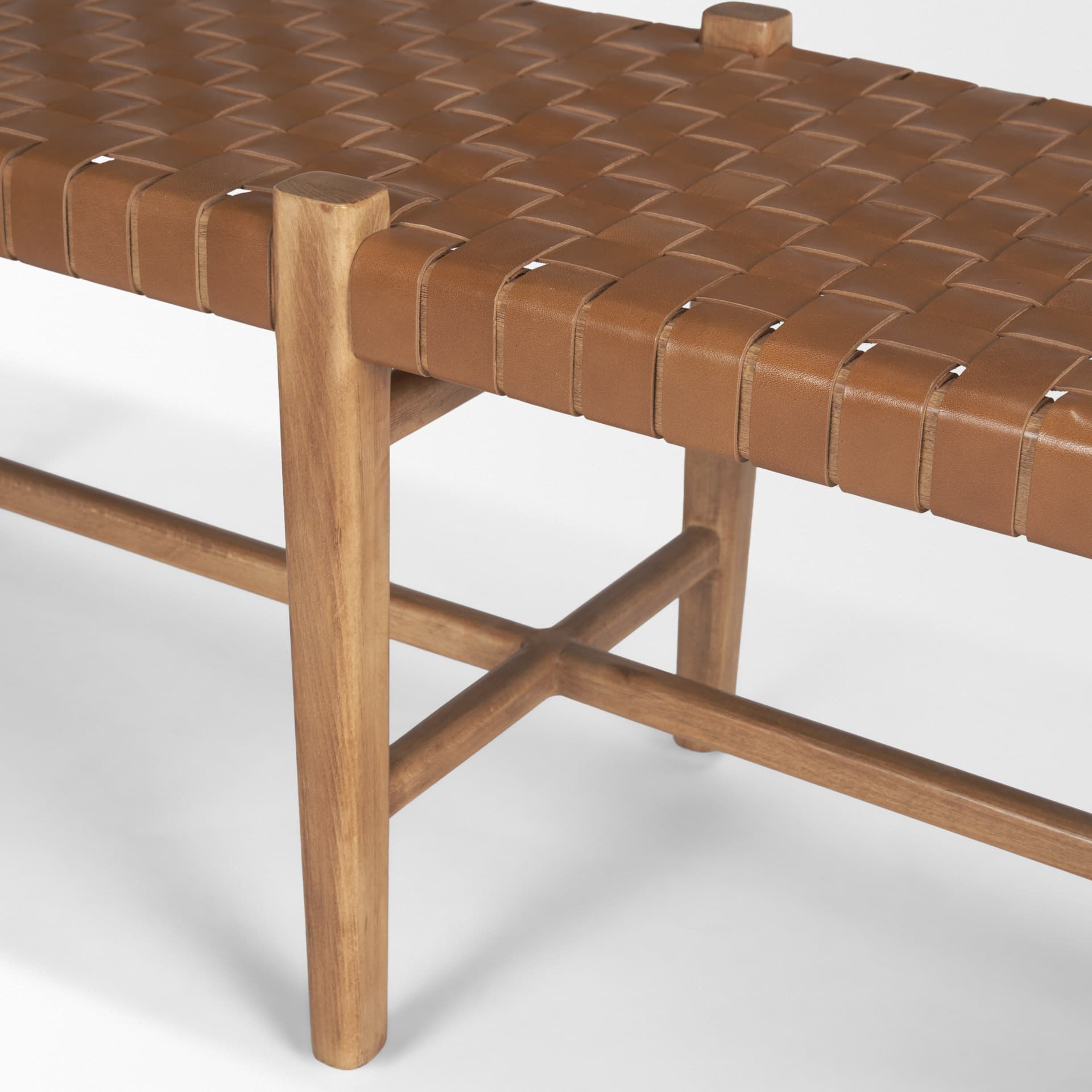 Shane Brown Wood w/ Woven Brown Leather Bench — product photograph