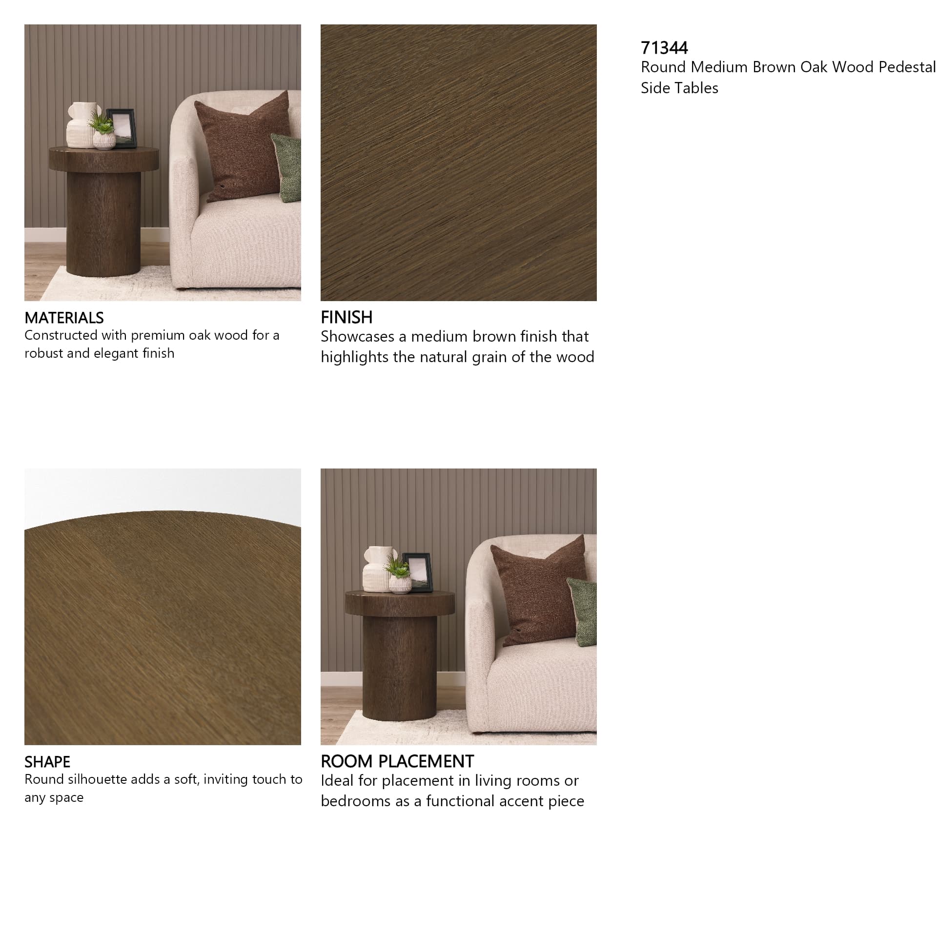 Lyonne Round Medium Brown Oak Wood Pedestal Side Tables — in a styled room