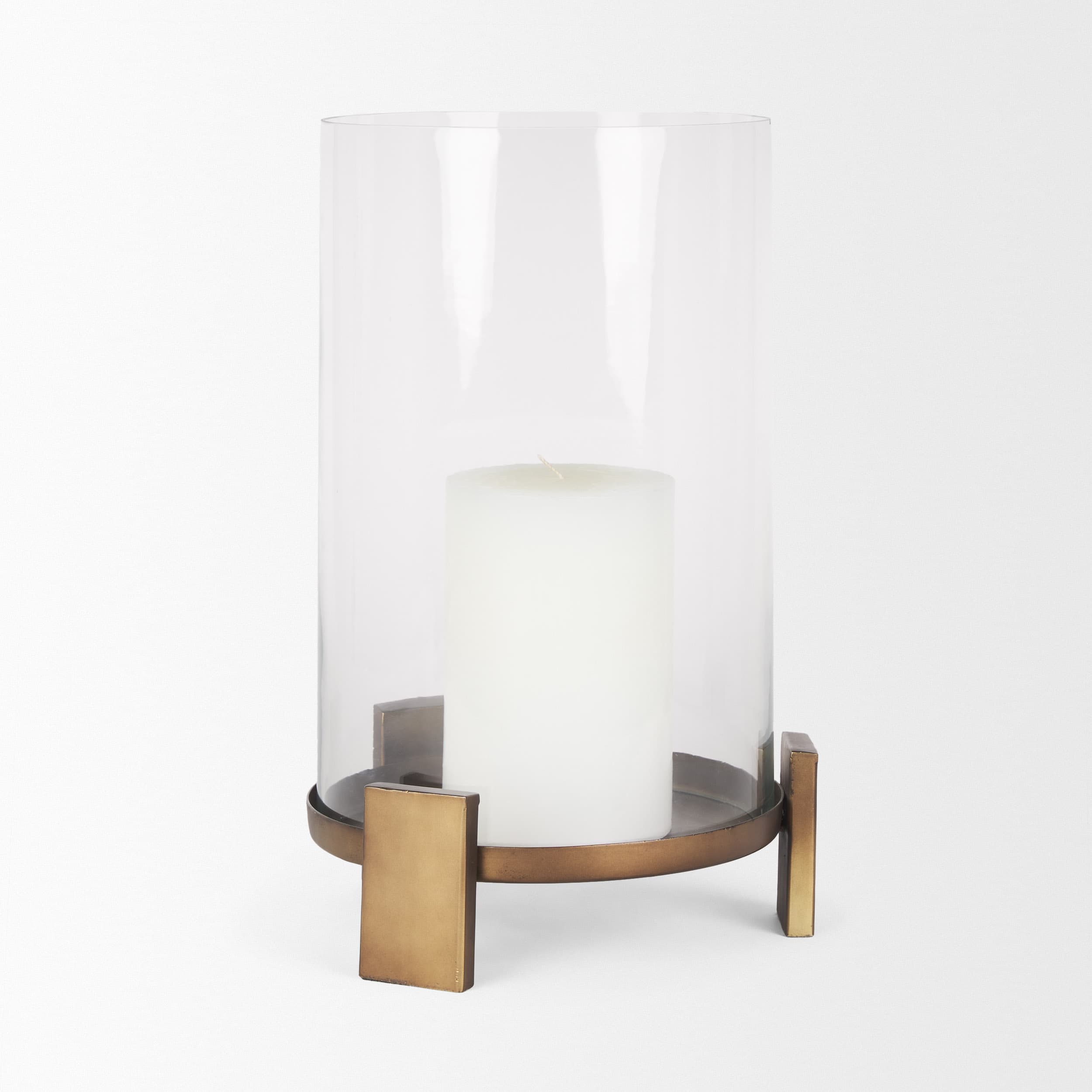 Price Large Antiqued Gold Metal w/ Glass Hurricane Candle Holder — product photograph