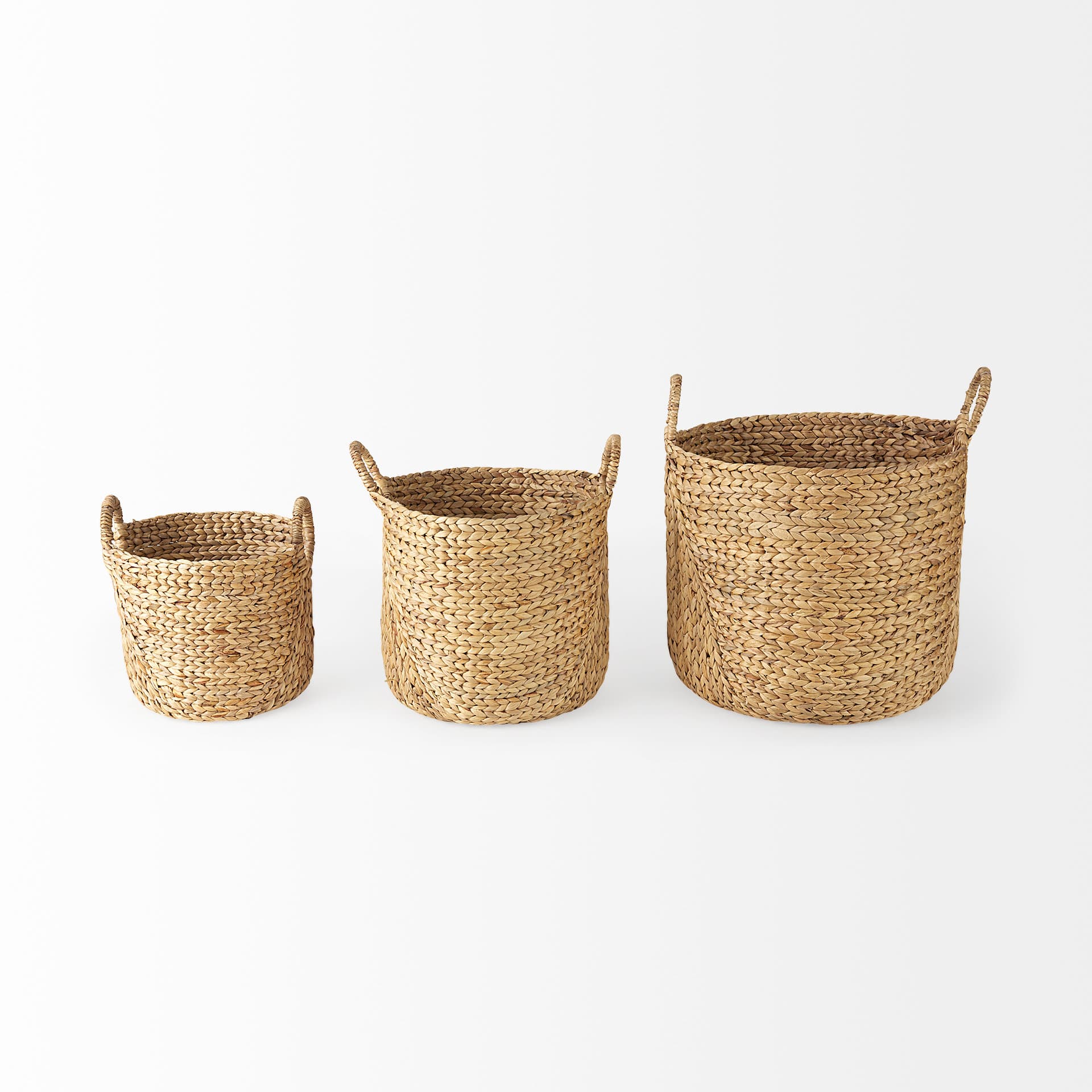 Sivan 19.7L x 19.7W x 23.6H (Set of 3) Light Brown Water Hyacinth Round Basket W/ Handles — product photograph
