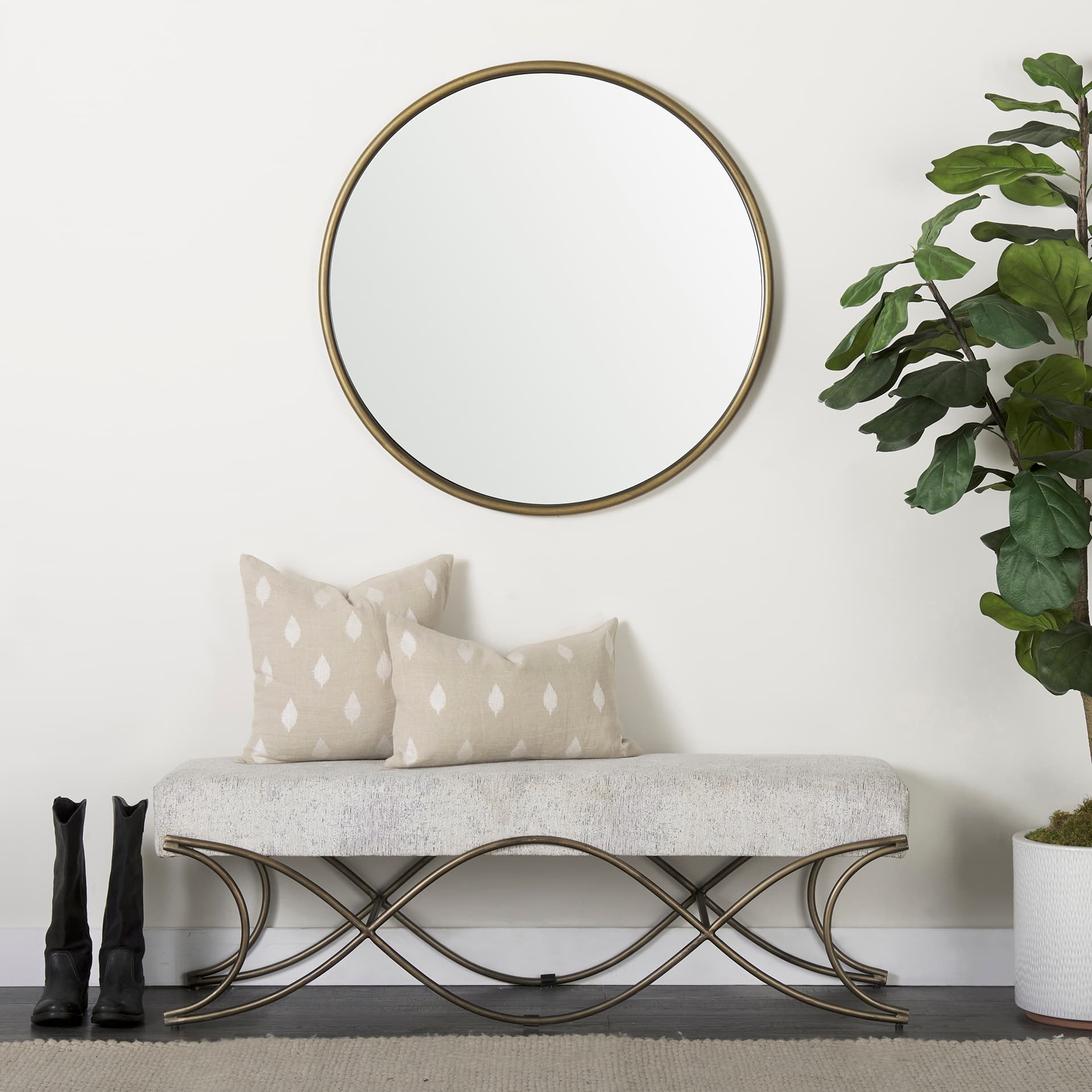 Ayla 55L x 17.6W x 18H Dark Gray Fabric Seat W/ Dark Nickel Metal Frame Bench — in a styled room