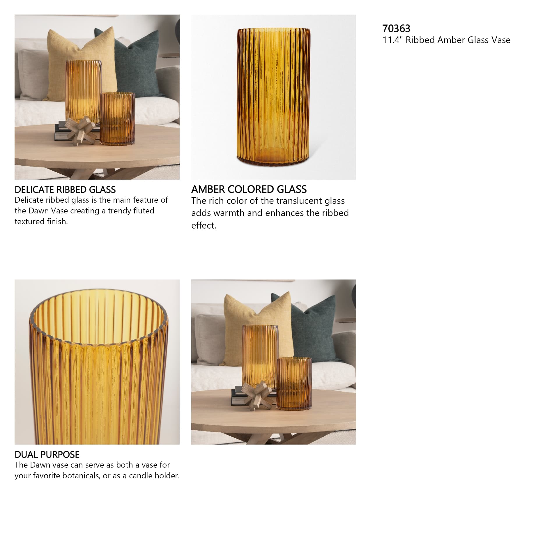 Dawn 11.4" Ribbed Amber Glass Vase — in a styled room