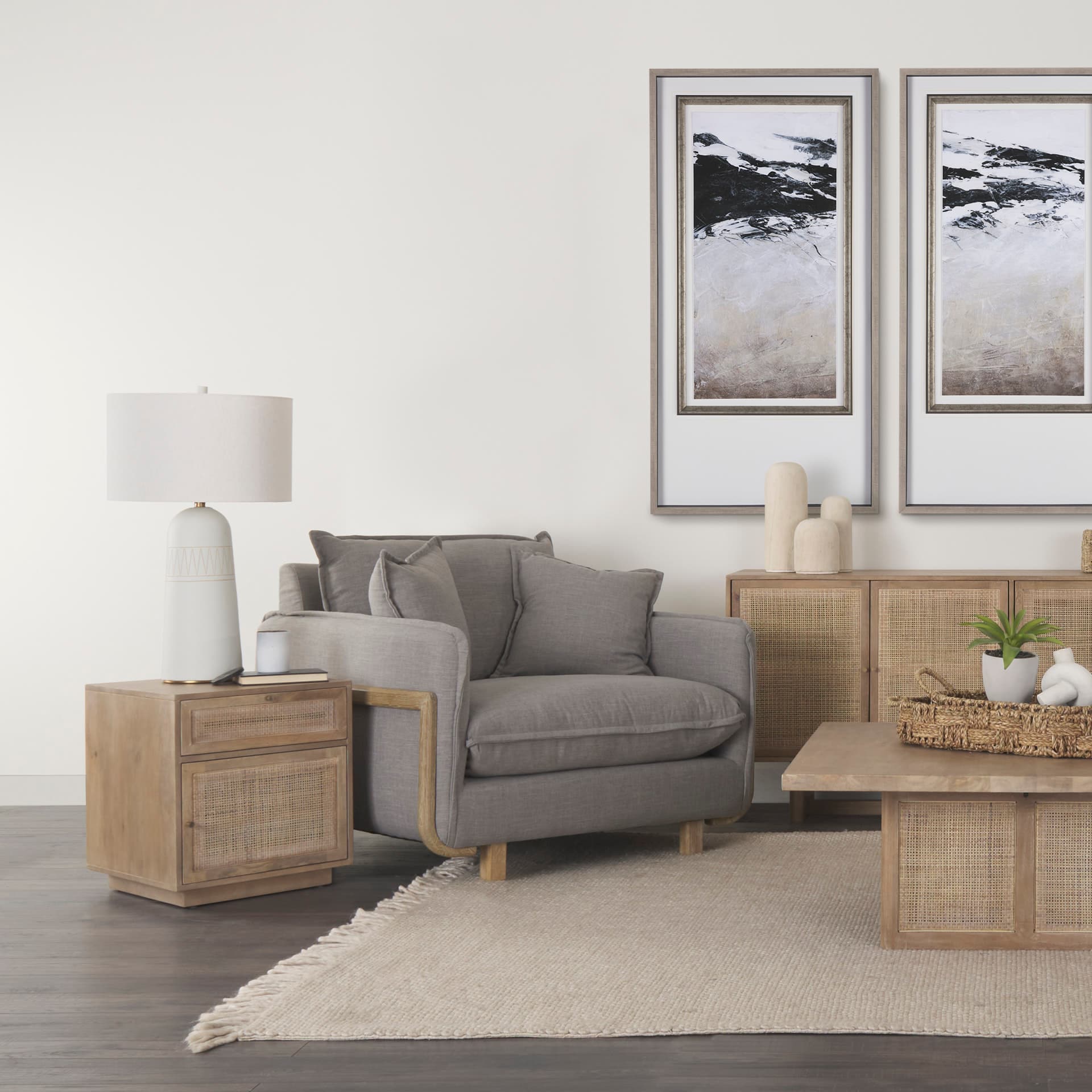 Javier 18.0L x 18.0W x 30.75H Light Base W/Cream Shade Table Lamp — in a styled room