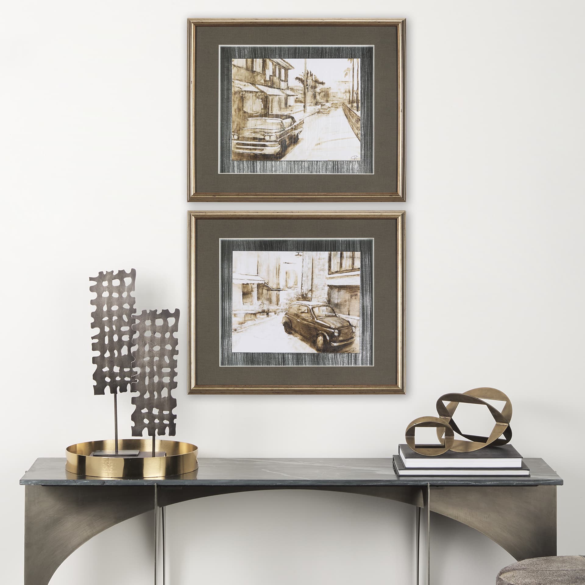 Vintage Car Picture I by Mercana Studio Hand Embellished Textured Framed Art Print Matted under Glas — in a styled room