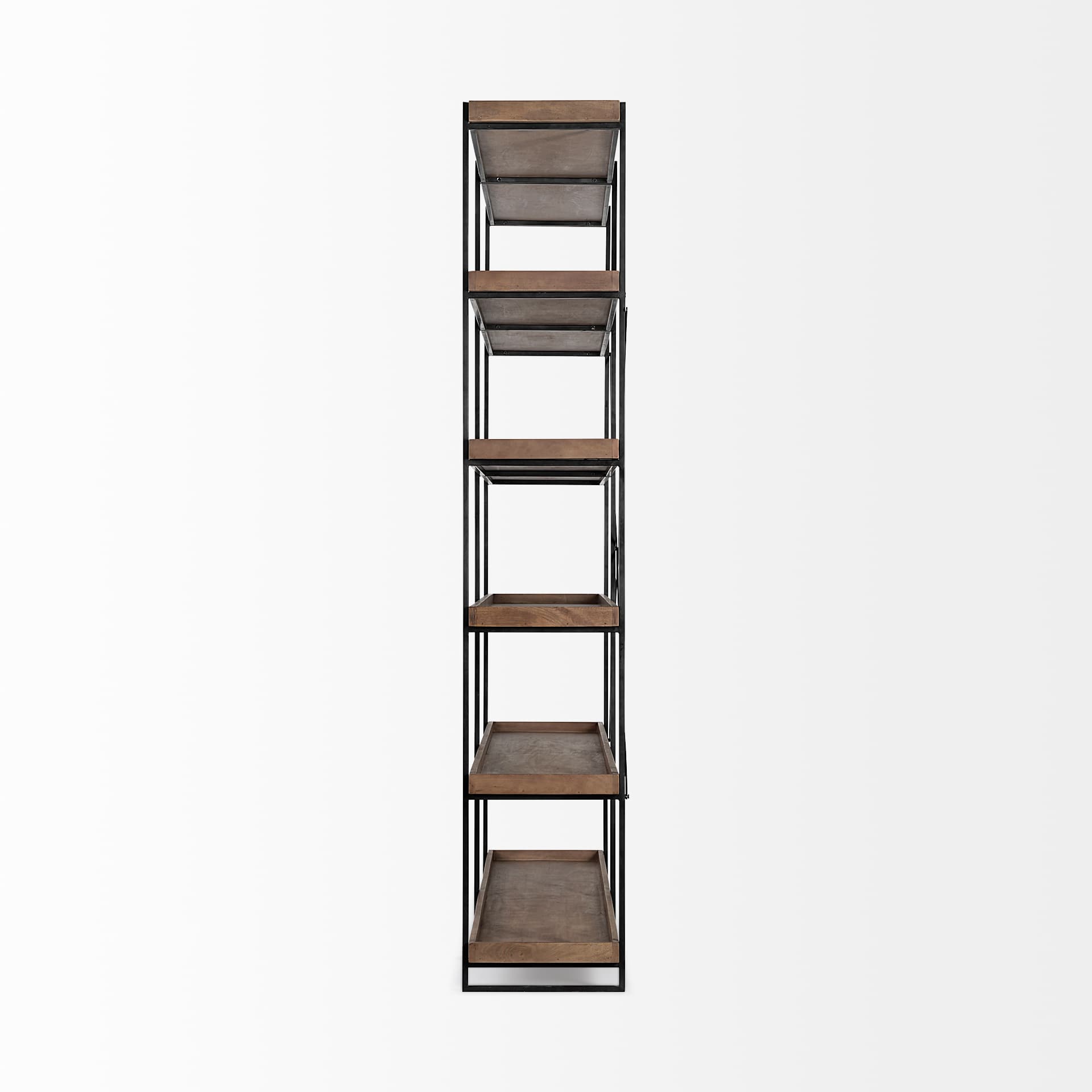 Trey IV 80L x 16W x 87.5H Medium Brown Wood and Iron Five Tray Shelf Shelving Unit — product photograph