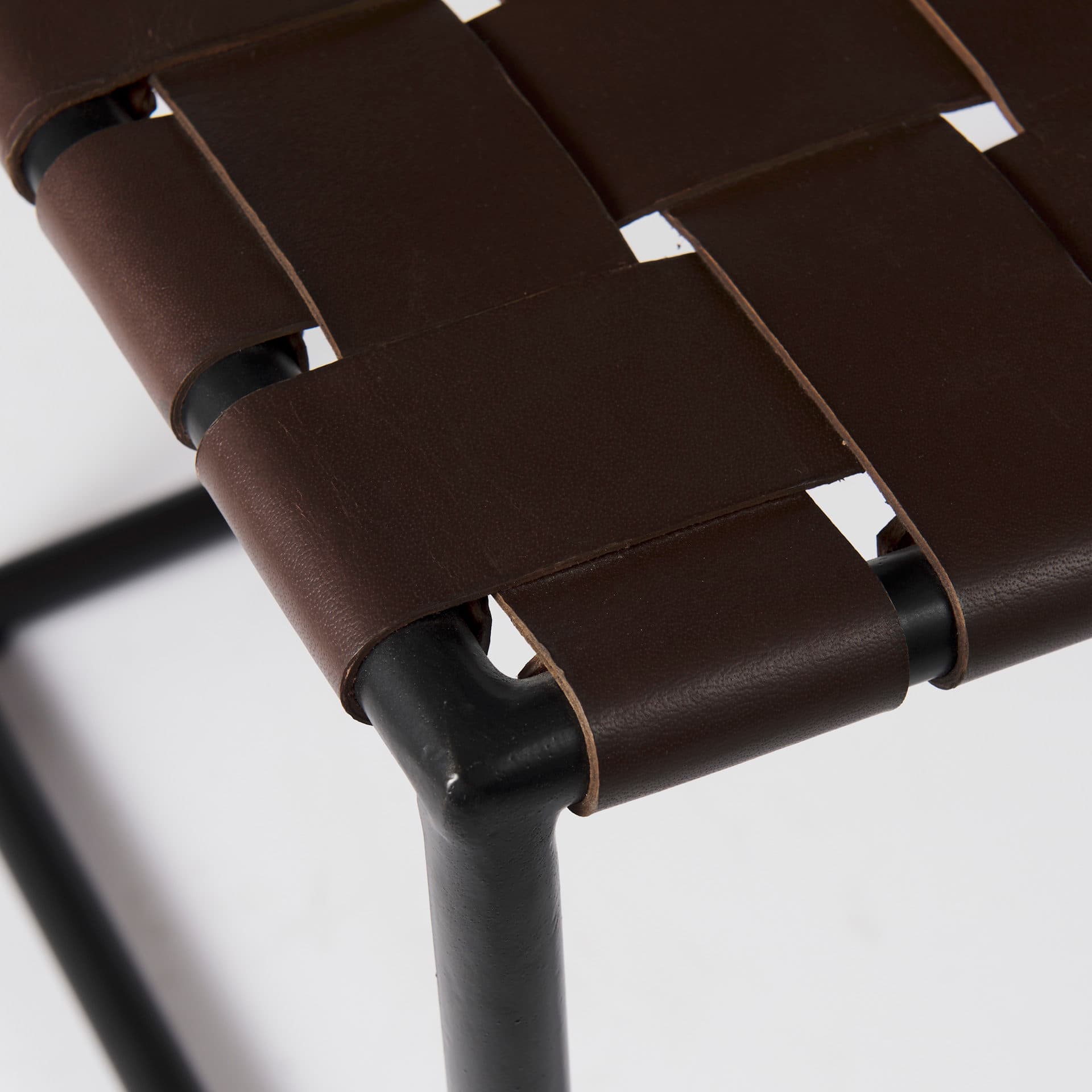 Clarissa 22.0L x 16.0W x 16.5H Brown Leather Woven Seat W/ Black Metal Frame Stool — product photograph