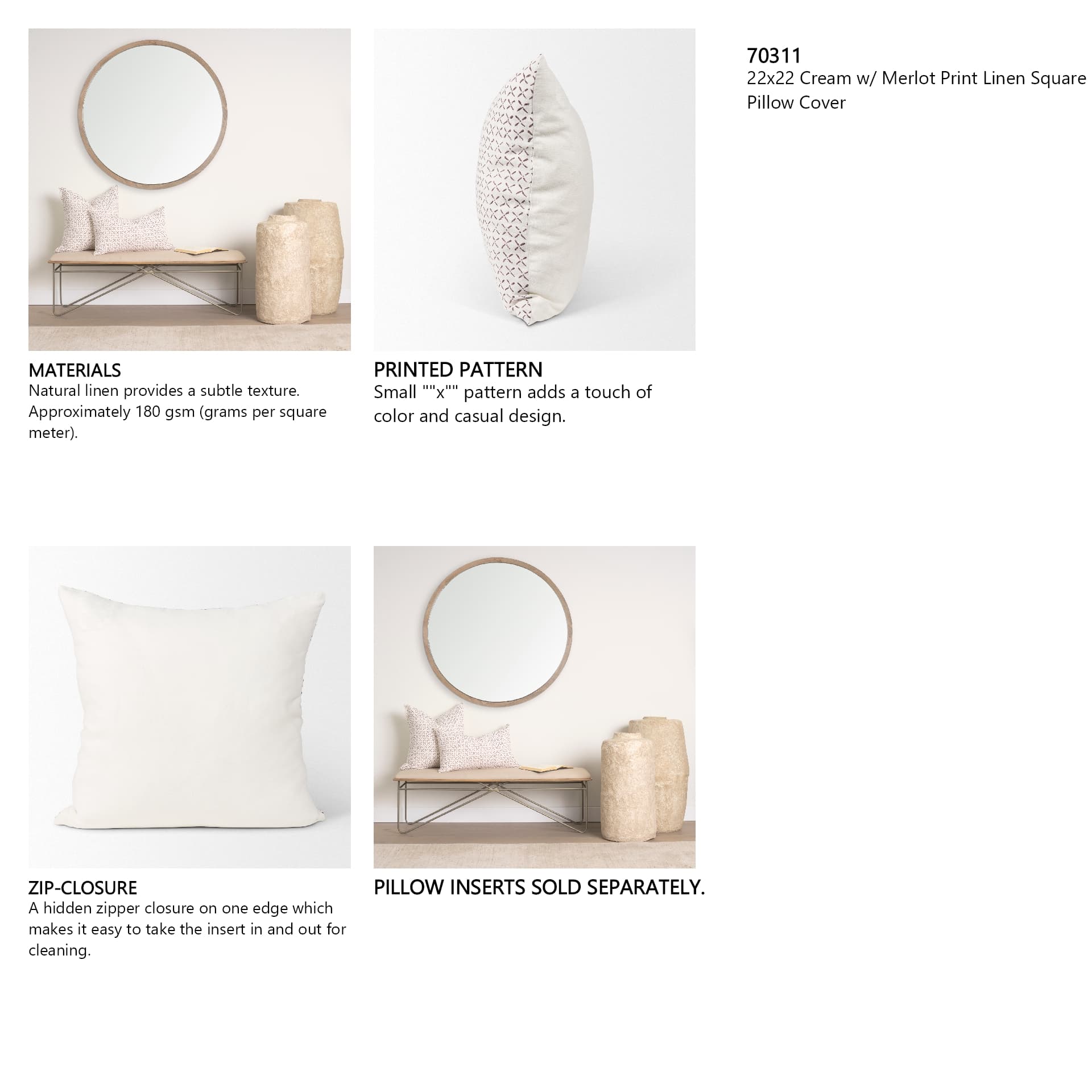 Jayden 22x22 Cream w/ Merlot Print Linen Square Pillow Cover — in a styled room