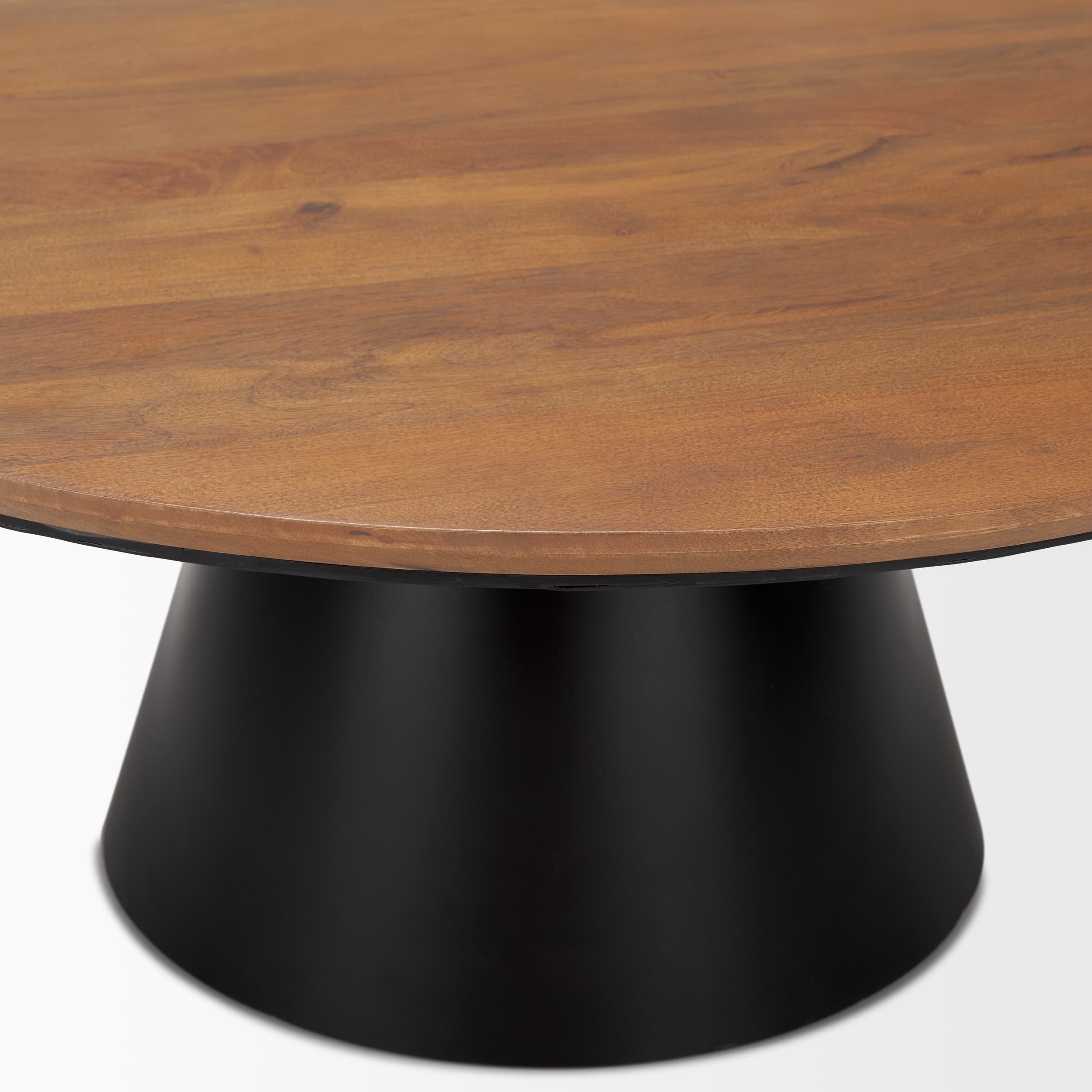 Mitchell 40.0L x 40.0W x 16.0H Black Metal Pedestal Base with Brown Wood Top Coffee Table — product photograph
