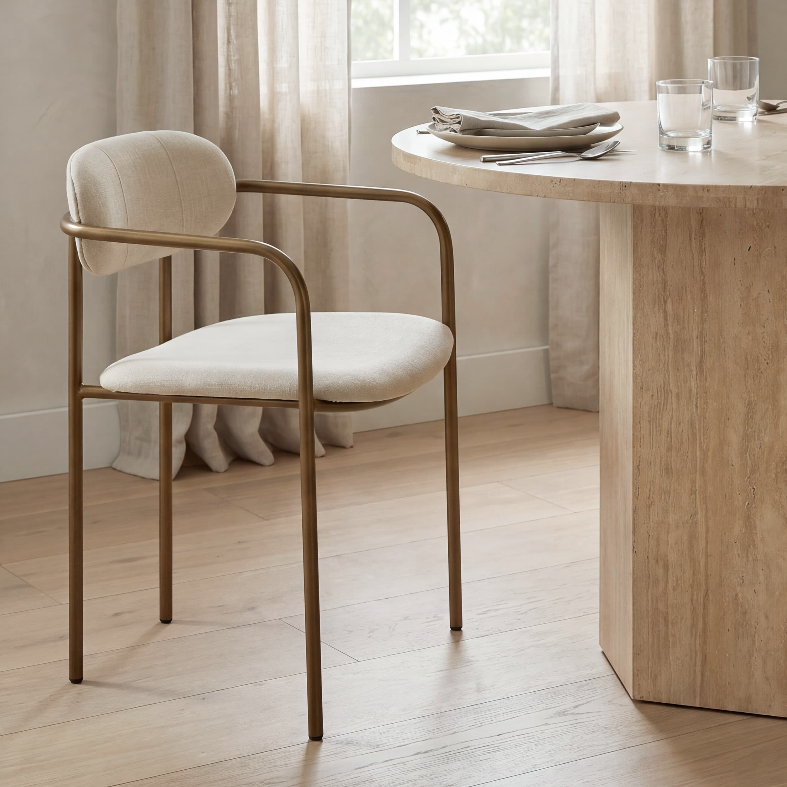 Parker Curved Back Dining Arm Chair | Cream Fabric w/ Gold Metal — product photograph
