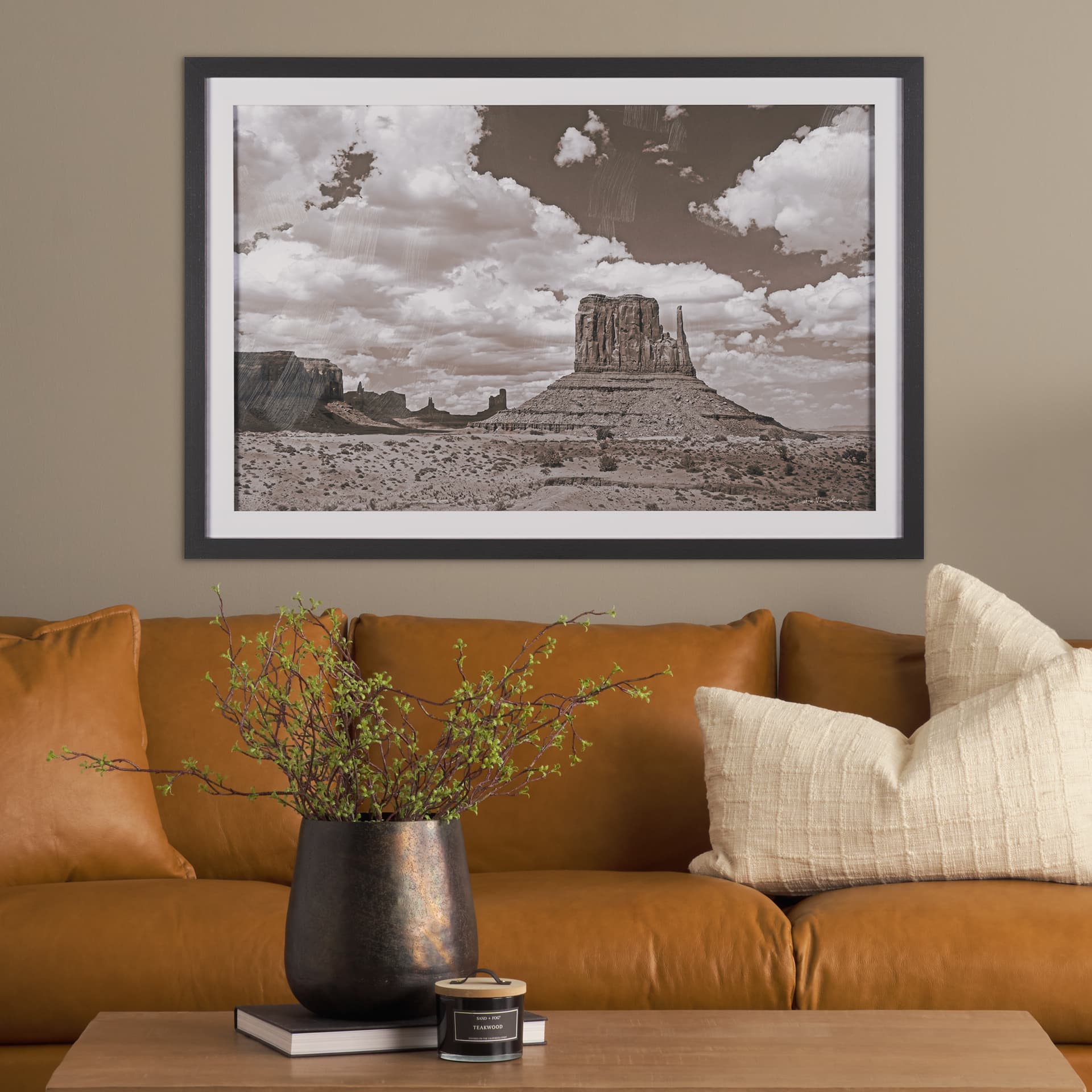 Monument Valley II Sepia by Debra Van Swearingen a Hand Embellished Framed Photo Art Print Matted un — in a styled room