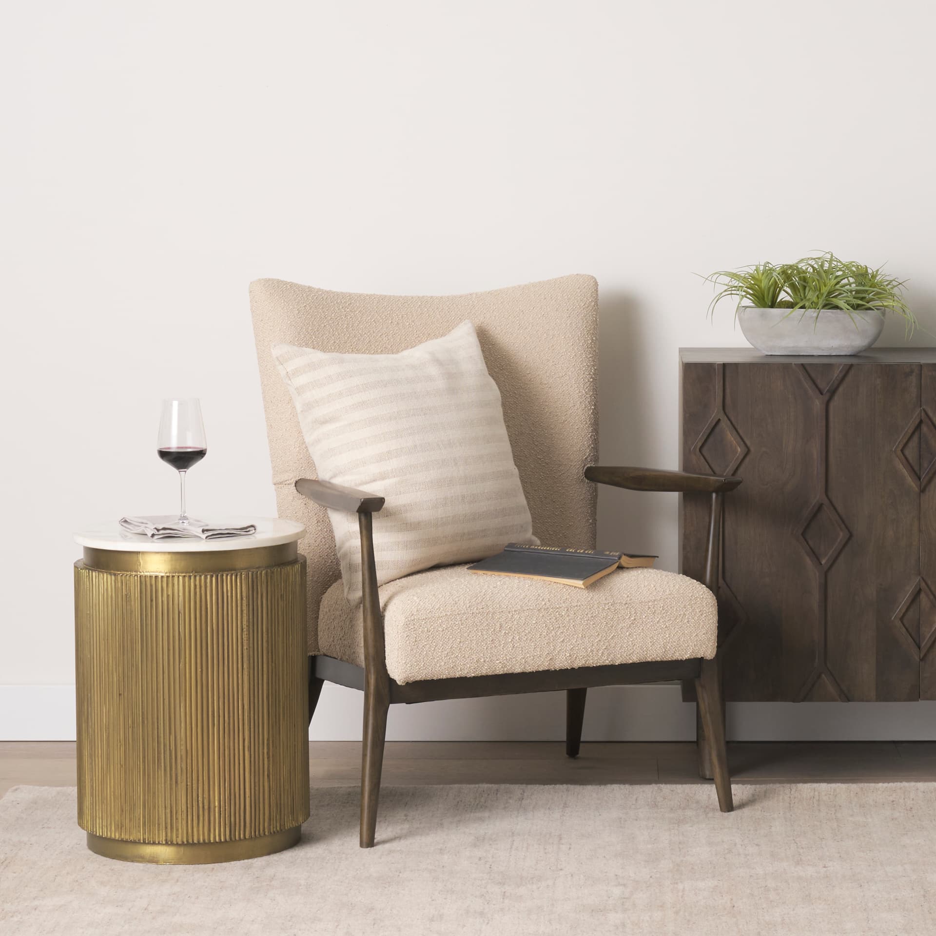 Satima White Marble w/ Gold Metal Round Fluted Accent Table — product photograph