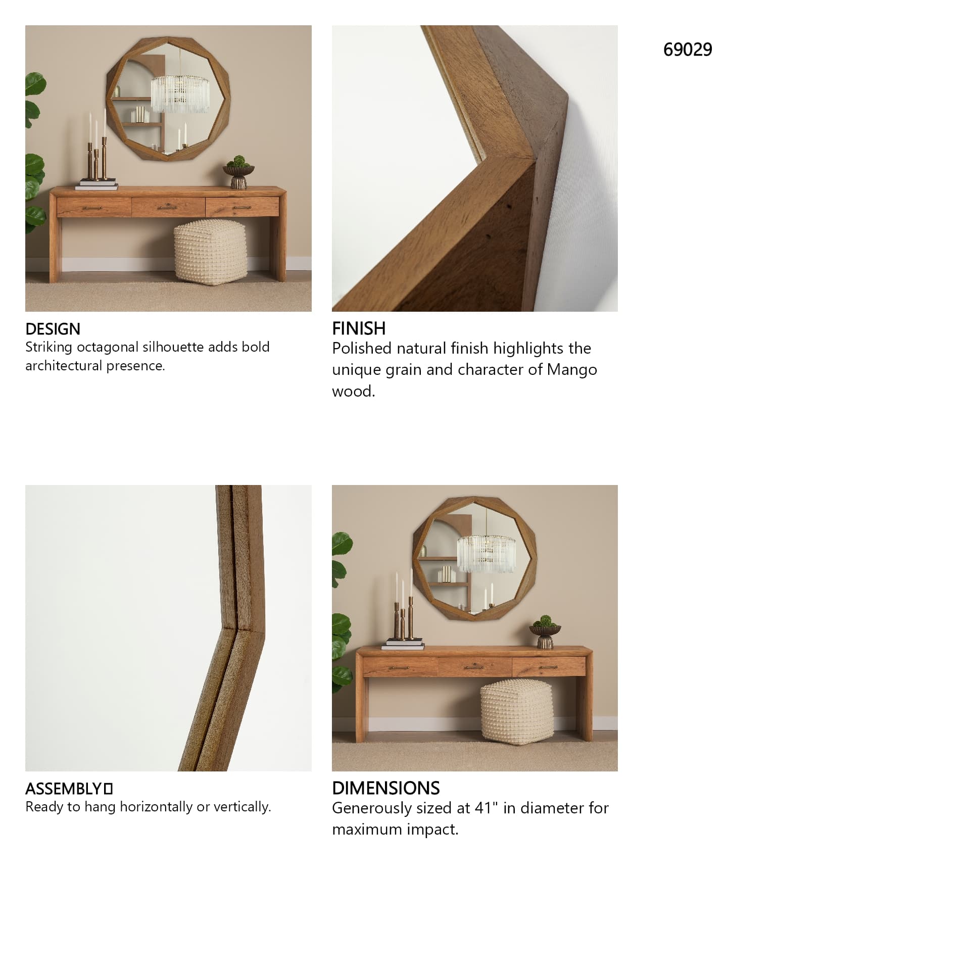 Aramis II 41L x 41H Octagon Brown Wood Frame Wall Mirror — in a styled room