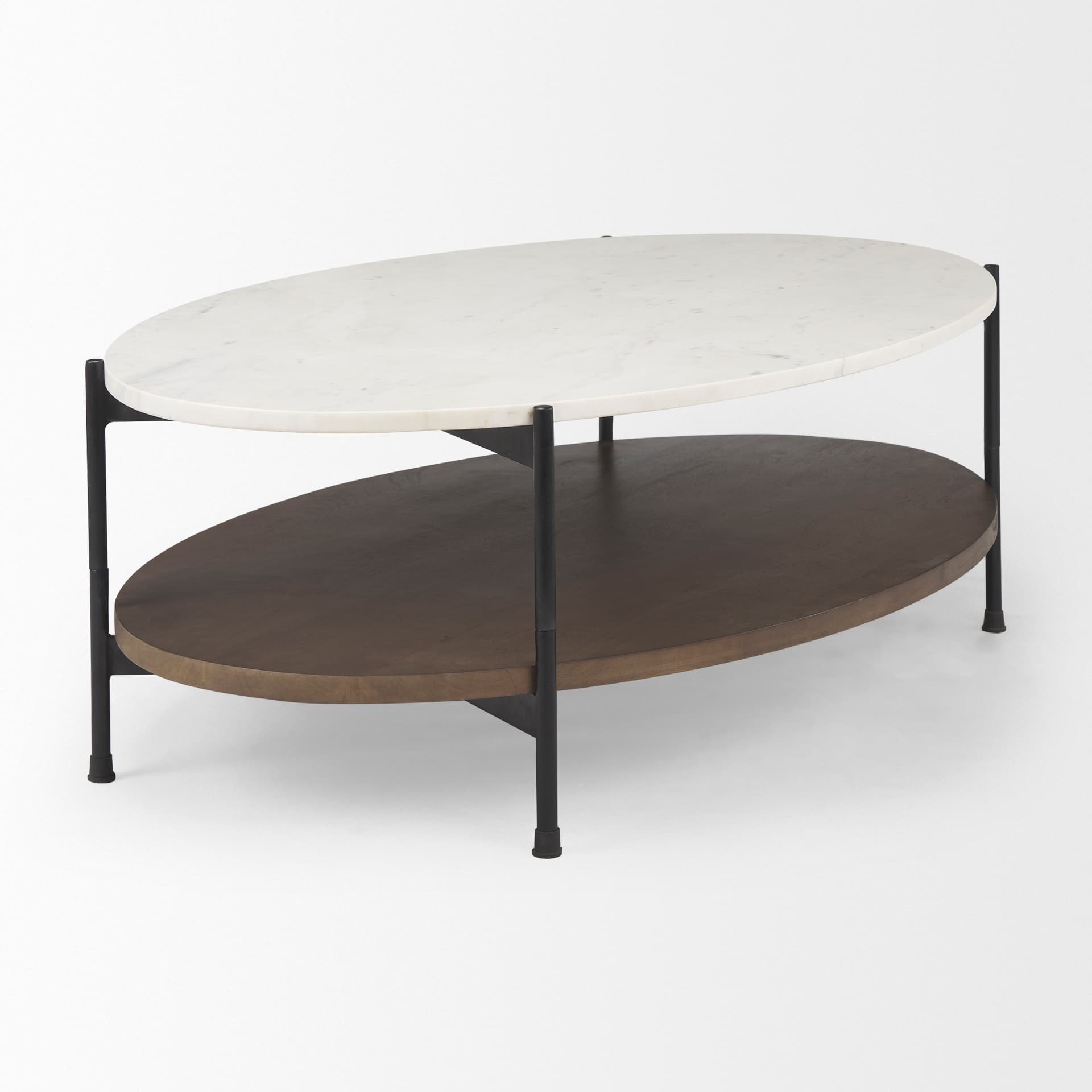 Larkin White Marble Top w/ Dark Brown Wood Shelf Oval Coffee Table — product photograph