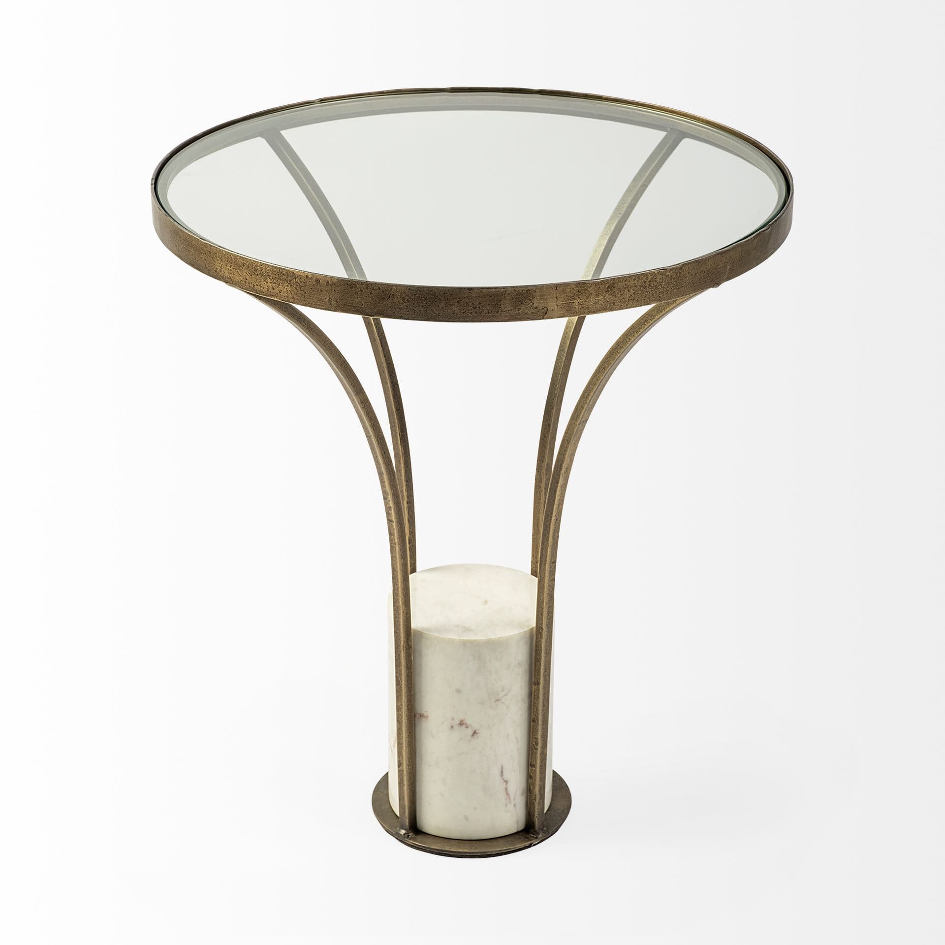 Jacinta II 21" Round Glass Top Metal and Marble Pedestal End/Side Table — product photograph