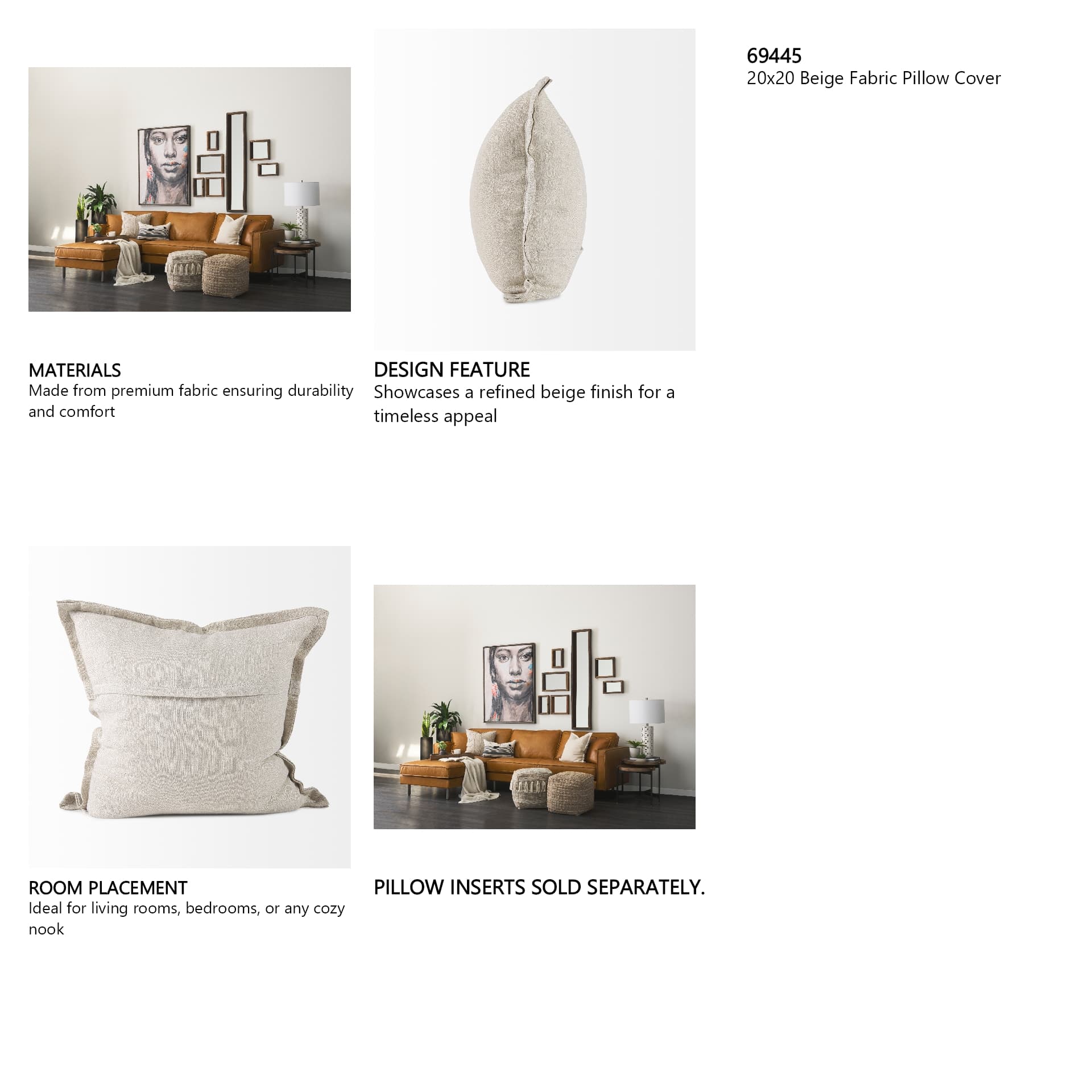 Mae 20x20 Beige Fabric Pillow Cover — in a styled room