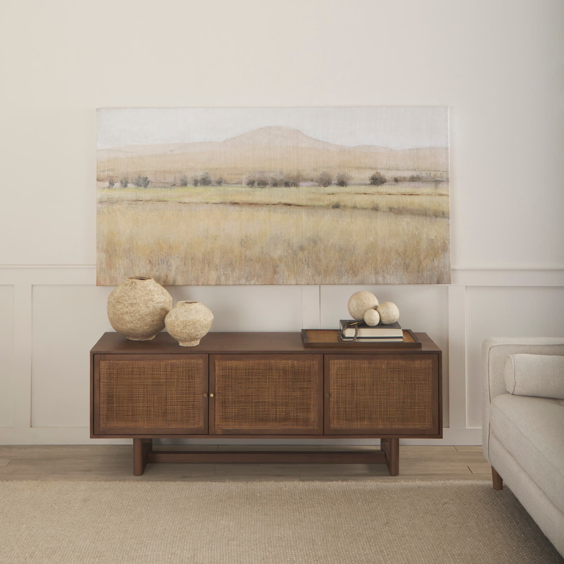 Sunita Set of 3 Beige Paper Mache Orbs — in a styled room