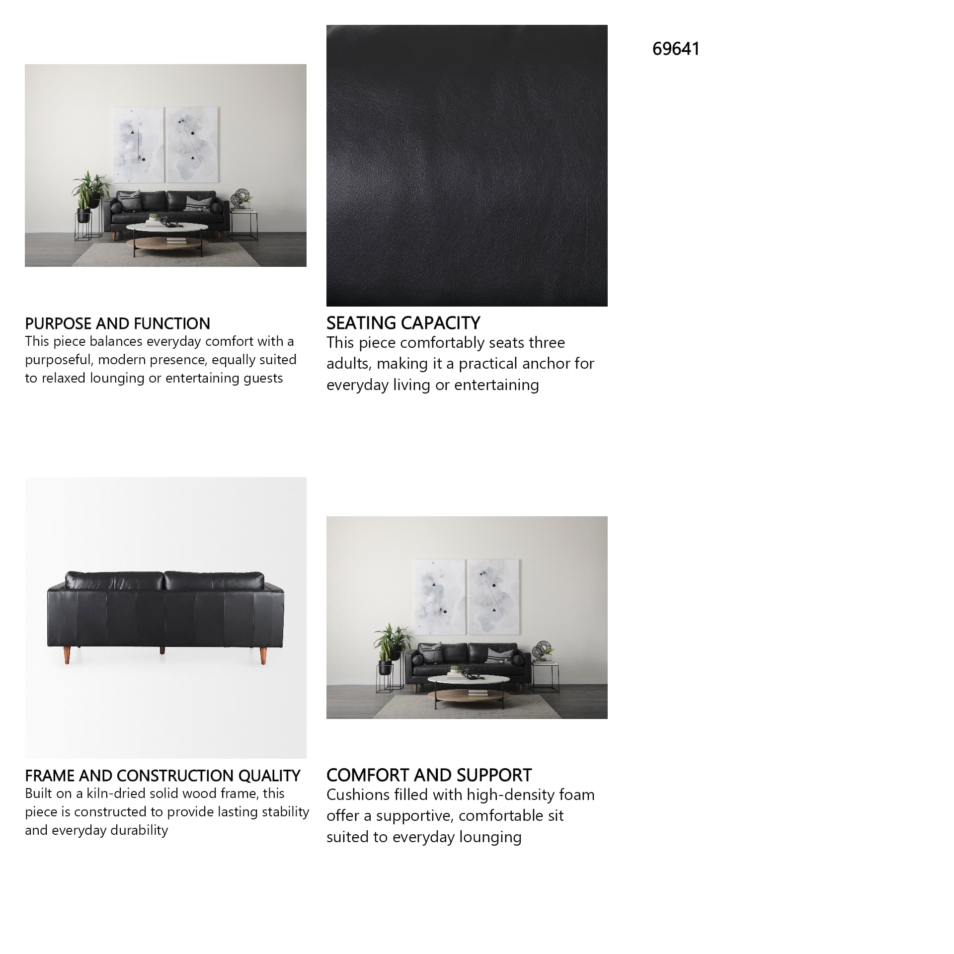 Svend 88.0L x 38.0W x 34.0H Black Leather Sofa — in a styled room
