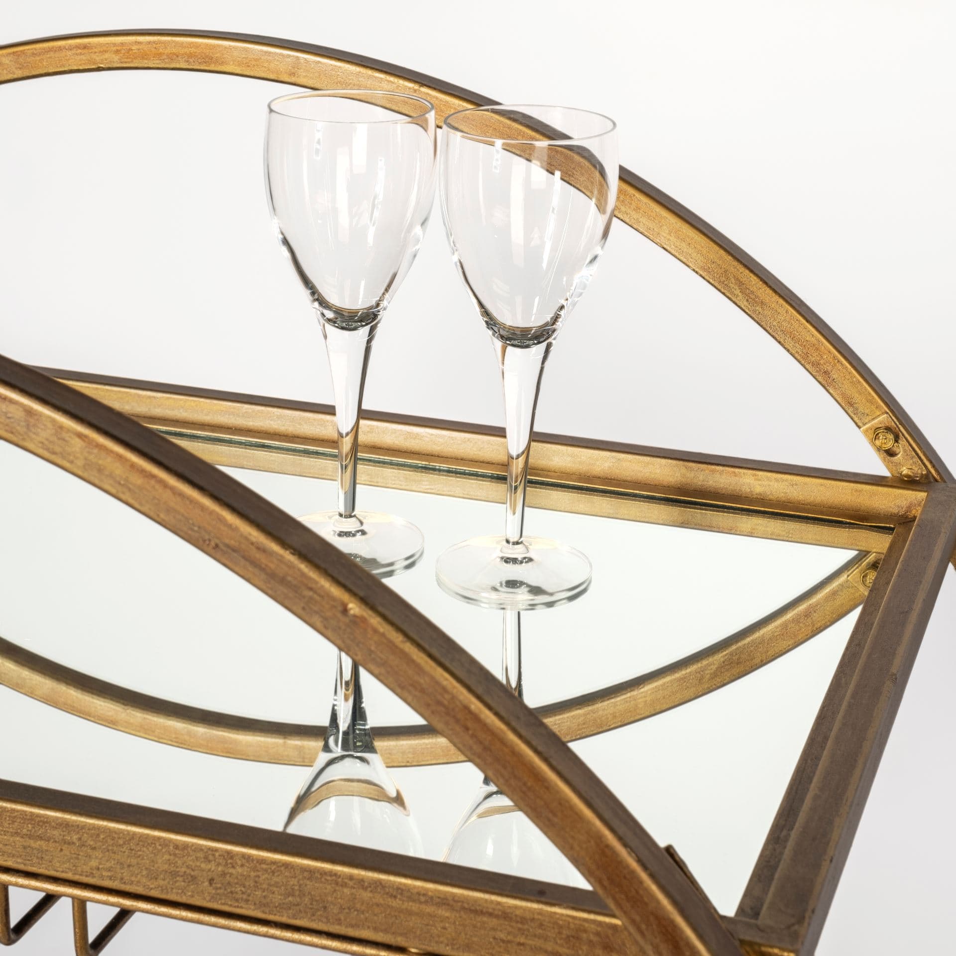 Carola Gold Frame Two-Tier Glass Shelves w/Stemware Holder Bar Cart — product photograph