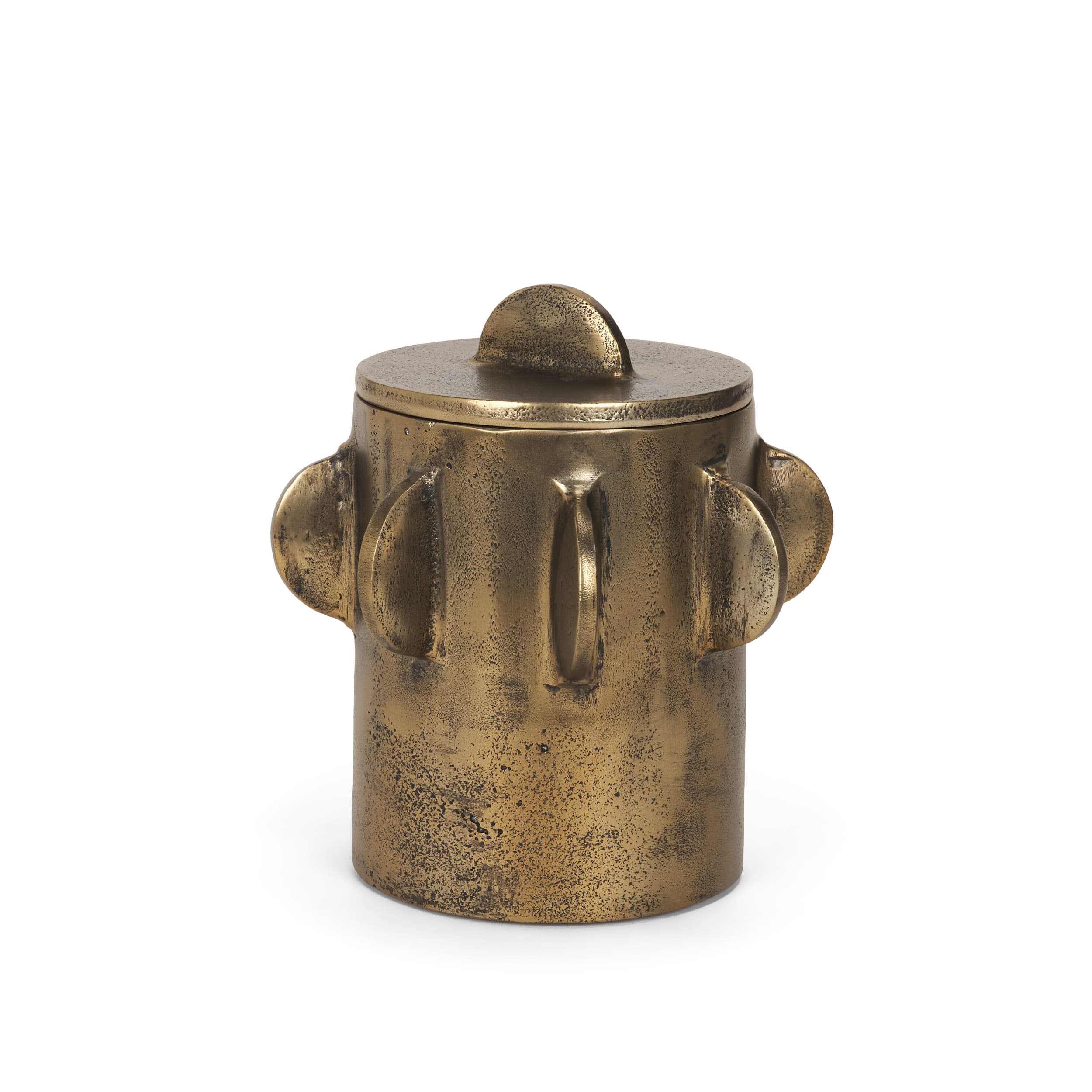 Deacon Small Antiqued Gold Metal Canister with Sculptural Handles — product photograph