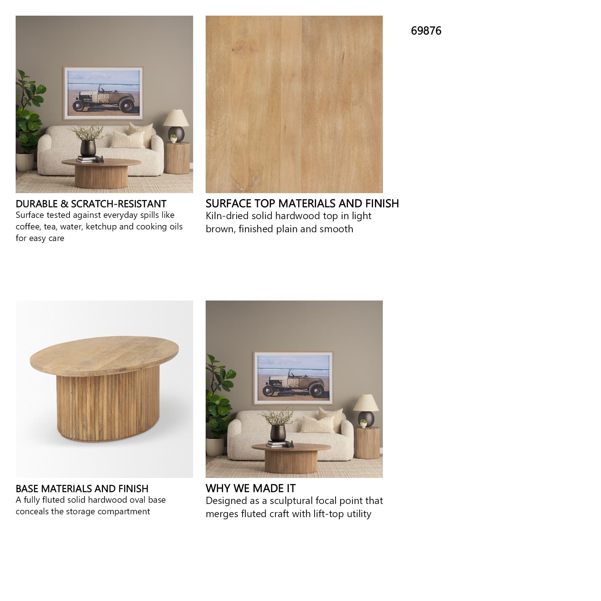 Terra 48L x 28W x 15H Light Brown Wood Oval Fluted Coffee Table — in a styled room