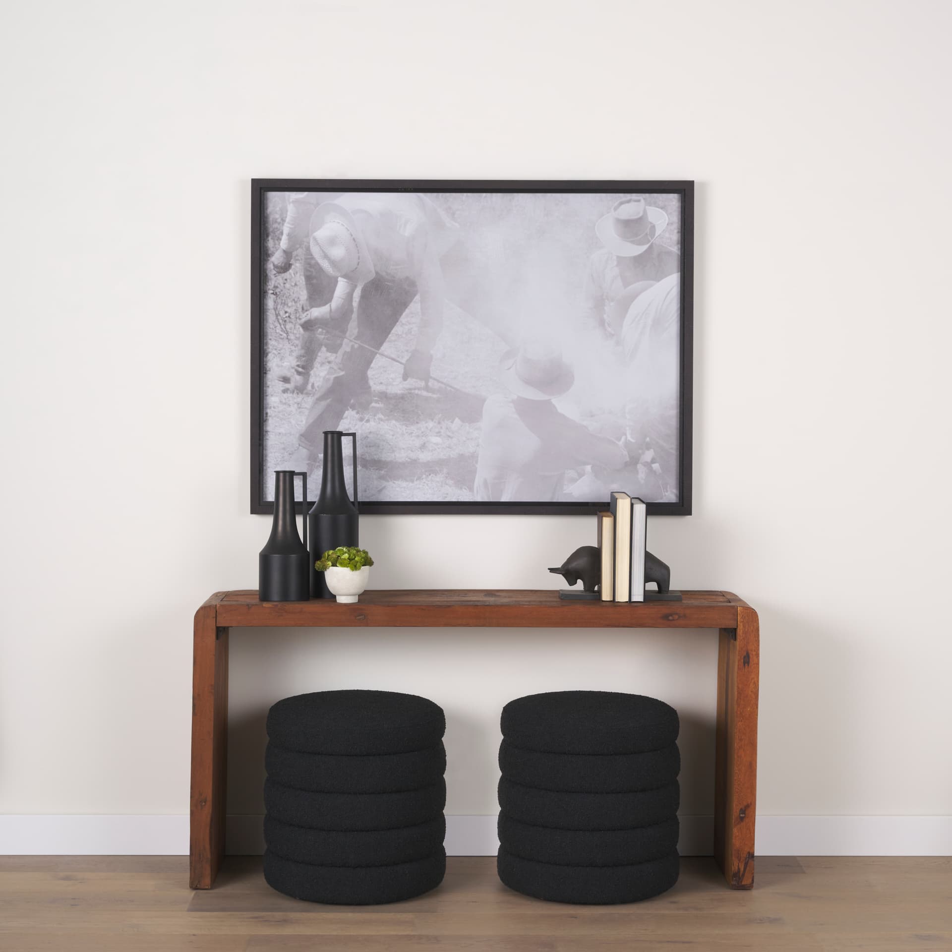 Estelle Rustic Brown Reclaimed Wood Console Table — in a styled room