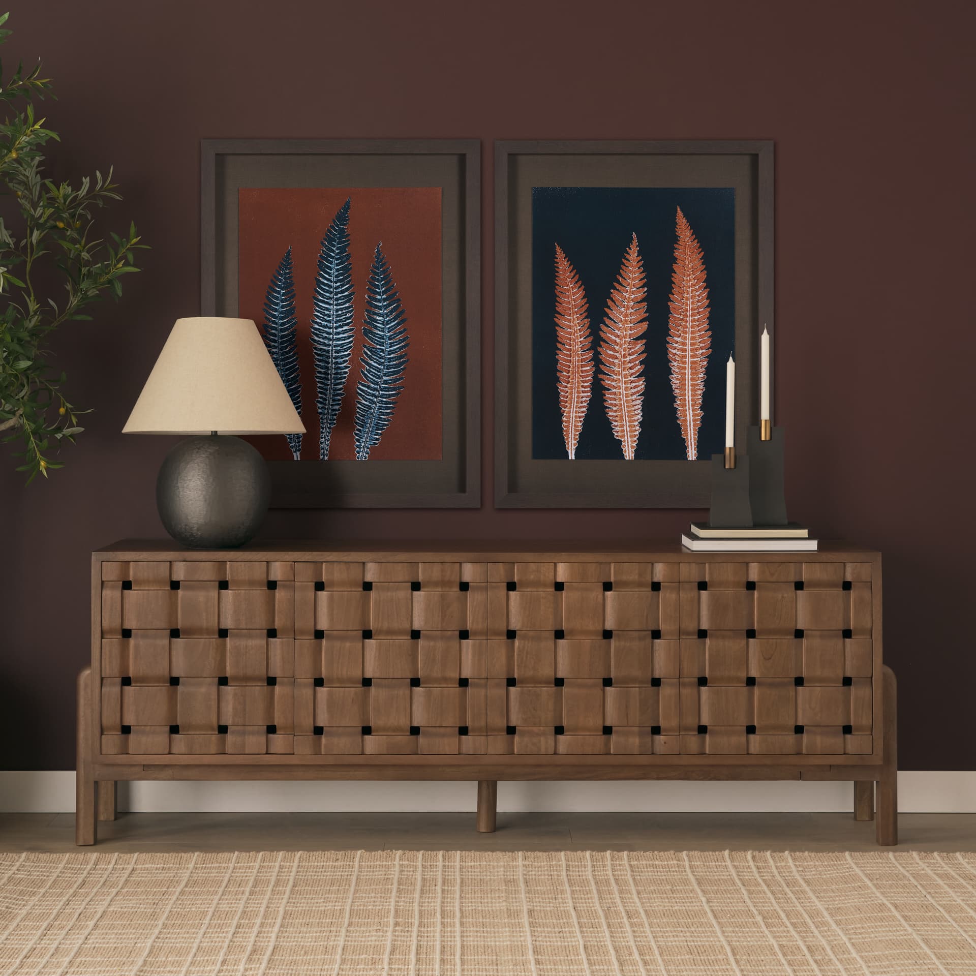 Nutmeg Fern 4 by Mary Margaret Briggs Hand Embellished Textured Framed Art Print Matted under Glass — in a styled room