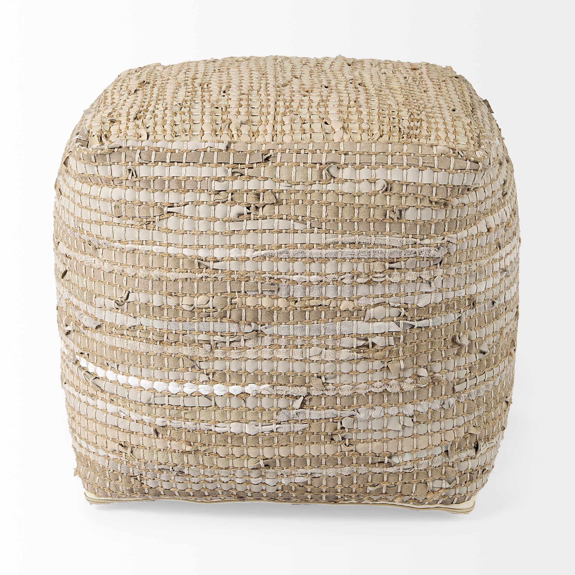 Aalia 16.0L x 16.0W x 16.0H Beige Leather and Jute Pouf — product photograph