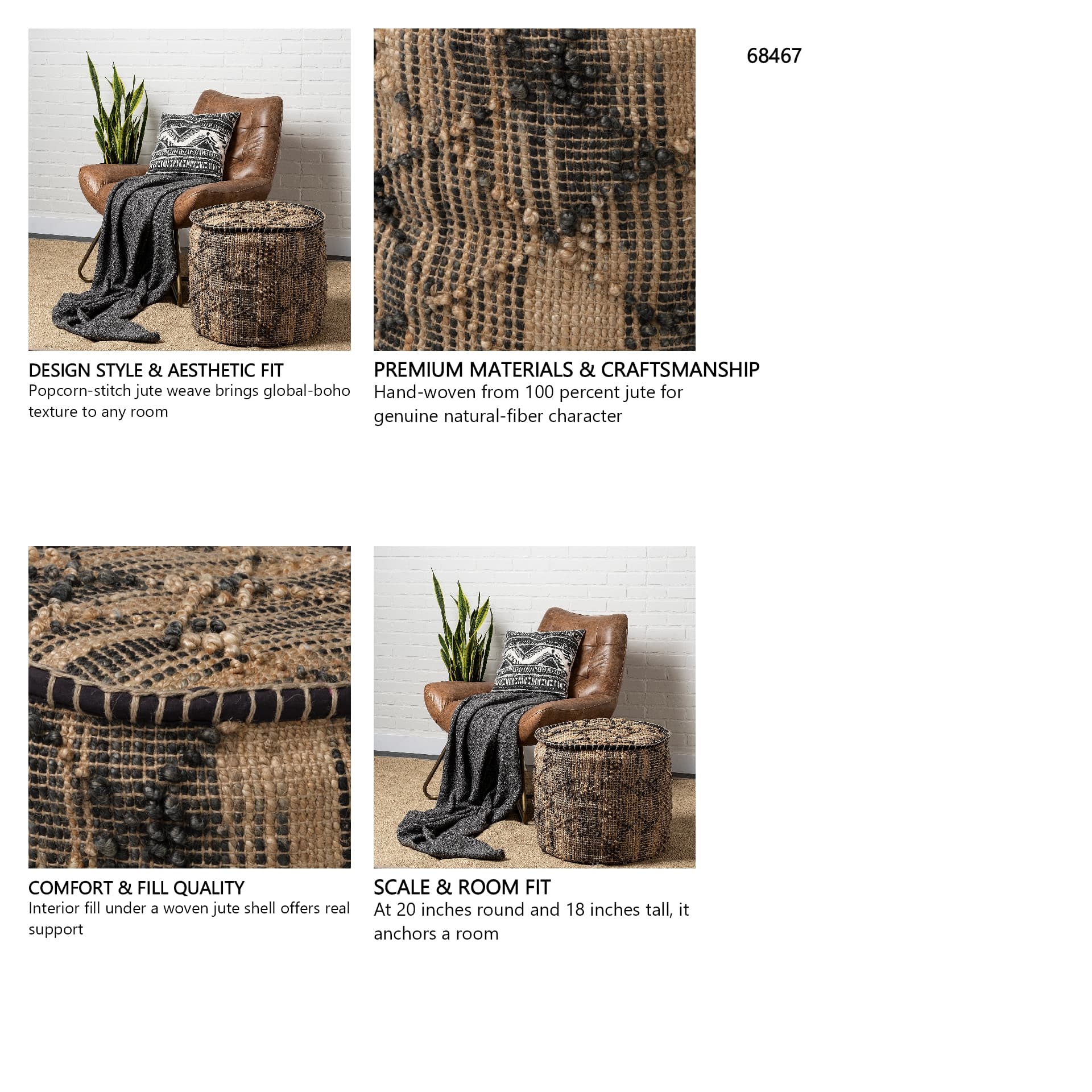 Riley Tan Jute Popcorn Stich Cylindrical Pouf — in a styled room