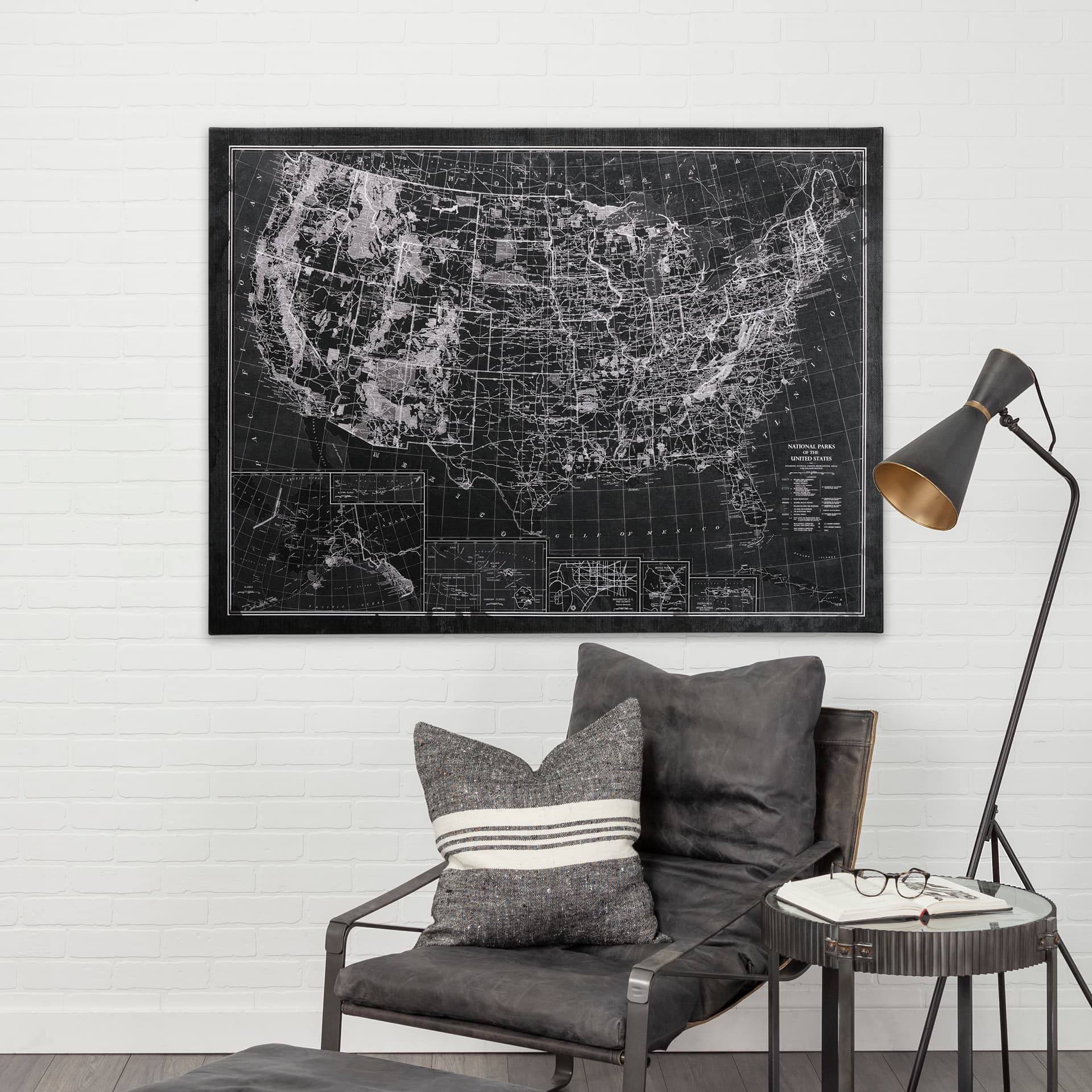 Explorer USA Map Noir by Vintage Collection a Hand Embellished Textured Canvas — in a styled room