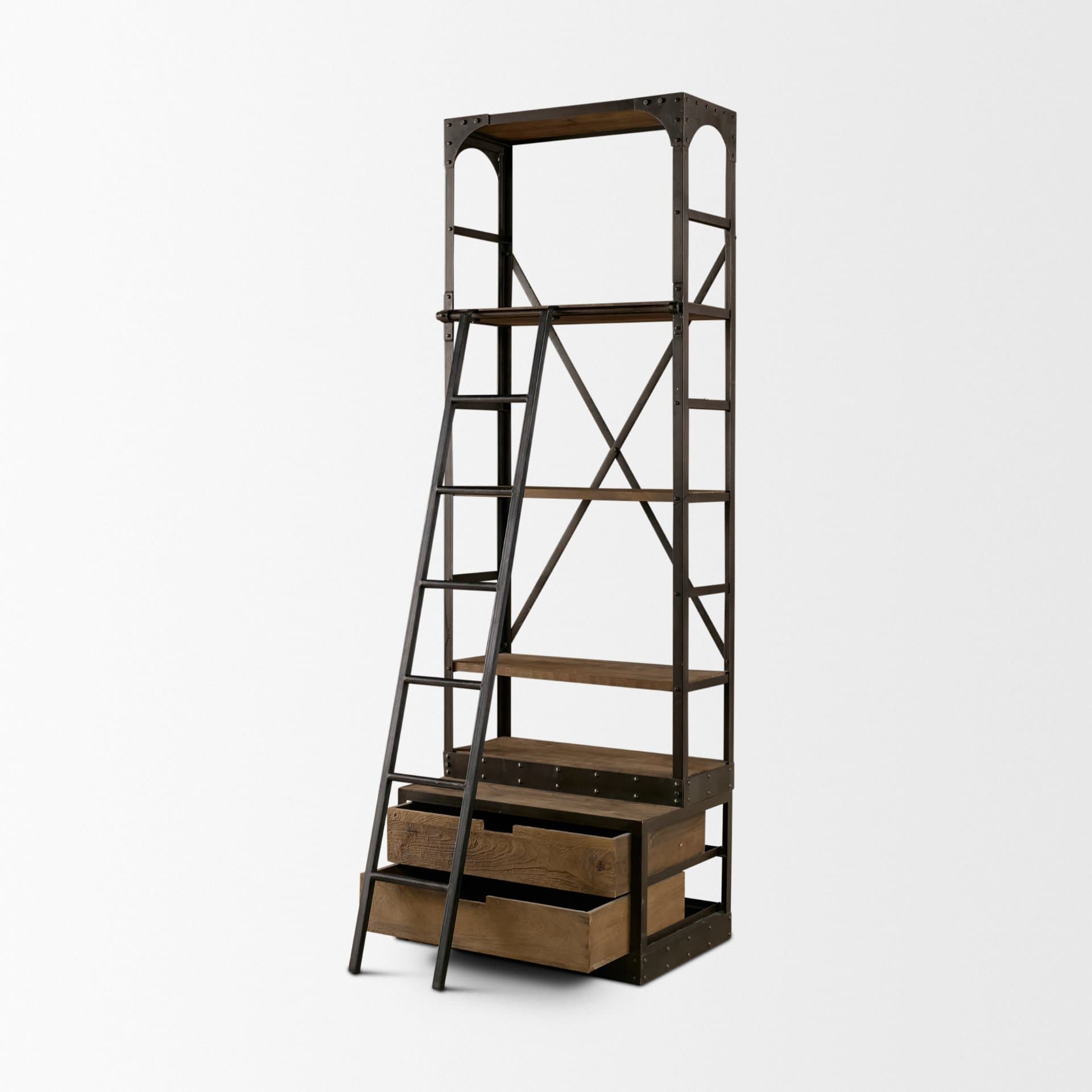 Brodie VII 32L x 22W x 94H Brown Wood Gun-Metal Bracing Four Shelf Shelving Unit — product photograph