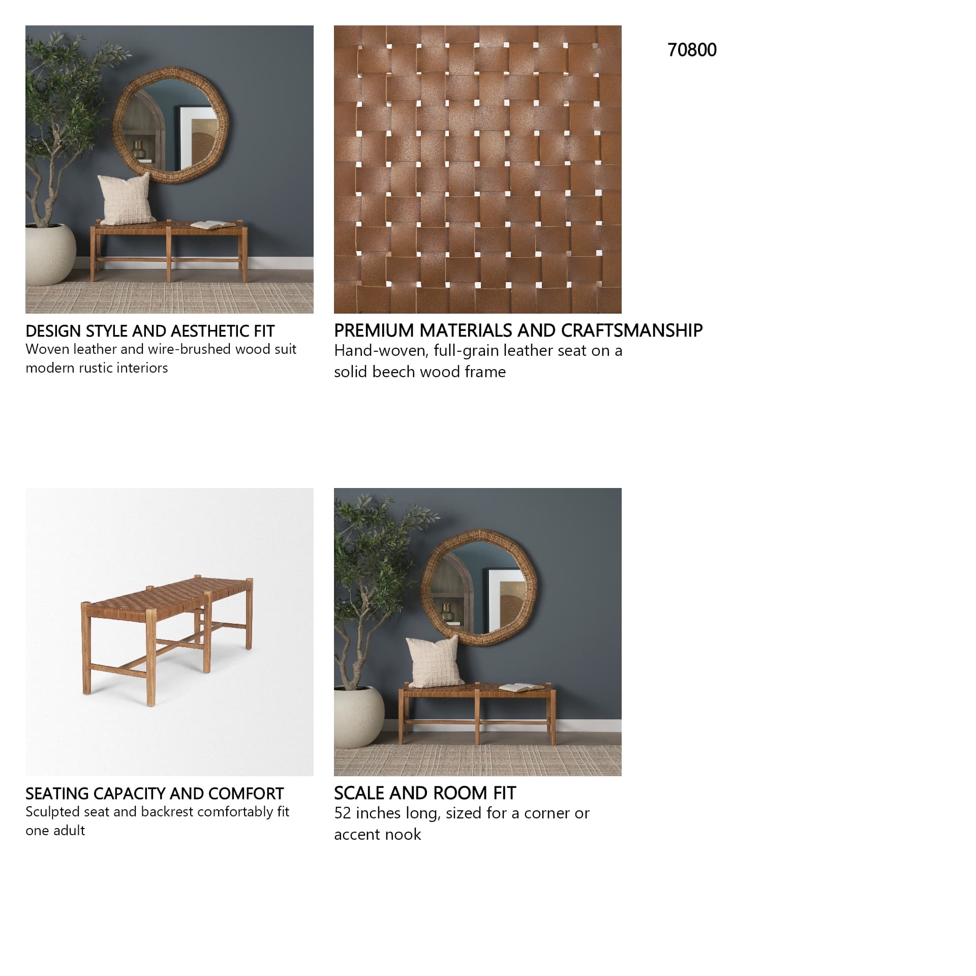 Shane Brown Wood w/ Woven Brown Leather Bench — in a styled room