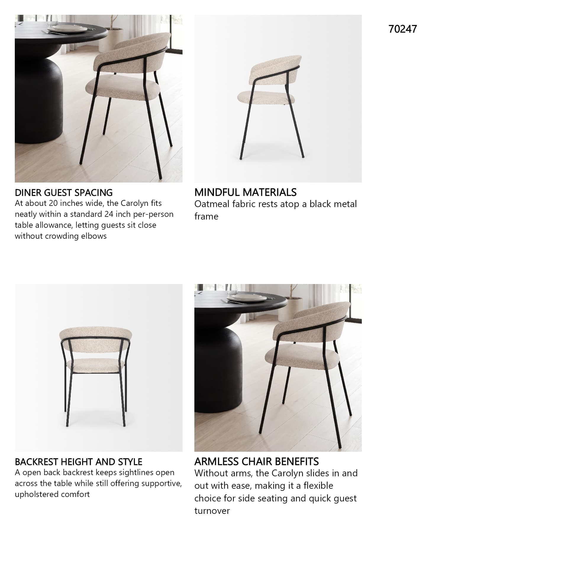 Carolyn Contoured Back Dining Side Chair | Oatmeal Fabric w/ Metal — in a styled room