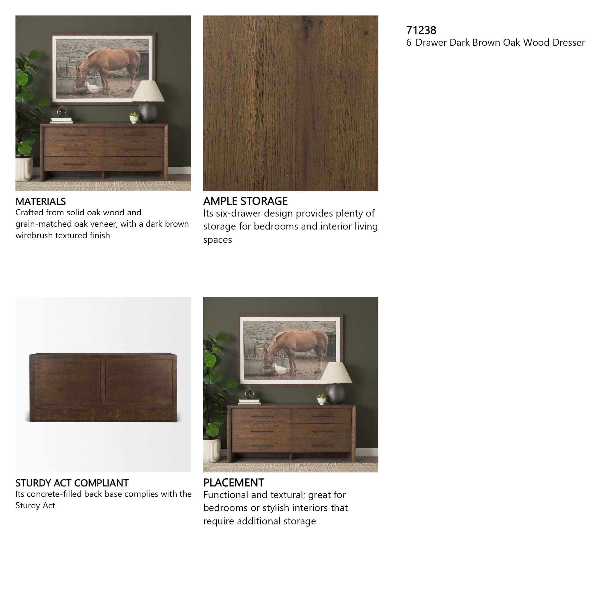 Belford 6-Drawer Dark Brown Oak Wood Dresser — product photograph
