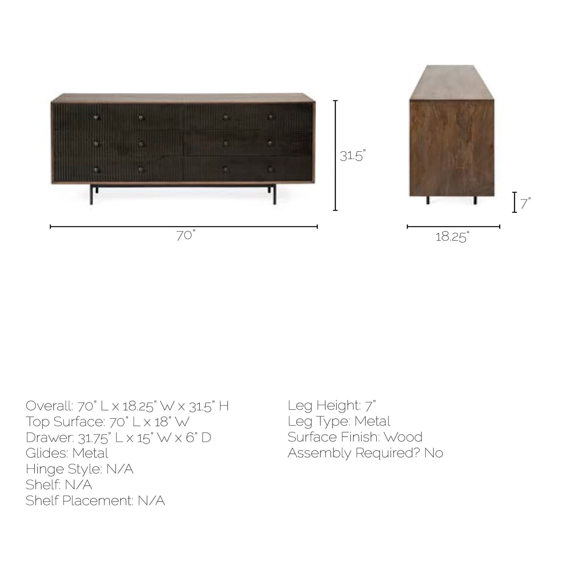 Grace 70Wx18.5Lx31.25H Two-Tone Brown Solid Wood 6 Drawer Sideboard — product photograph