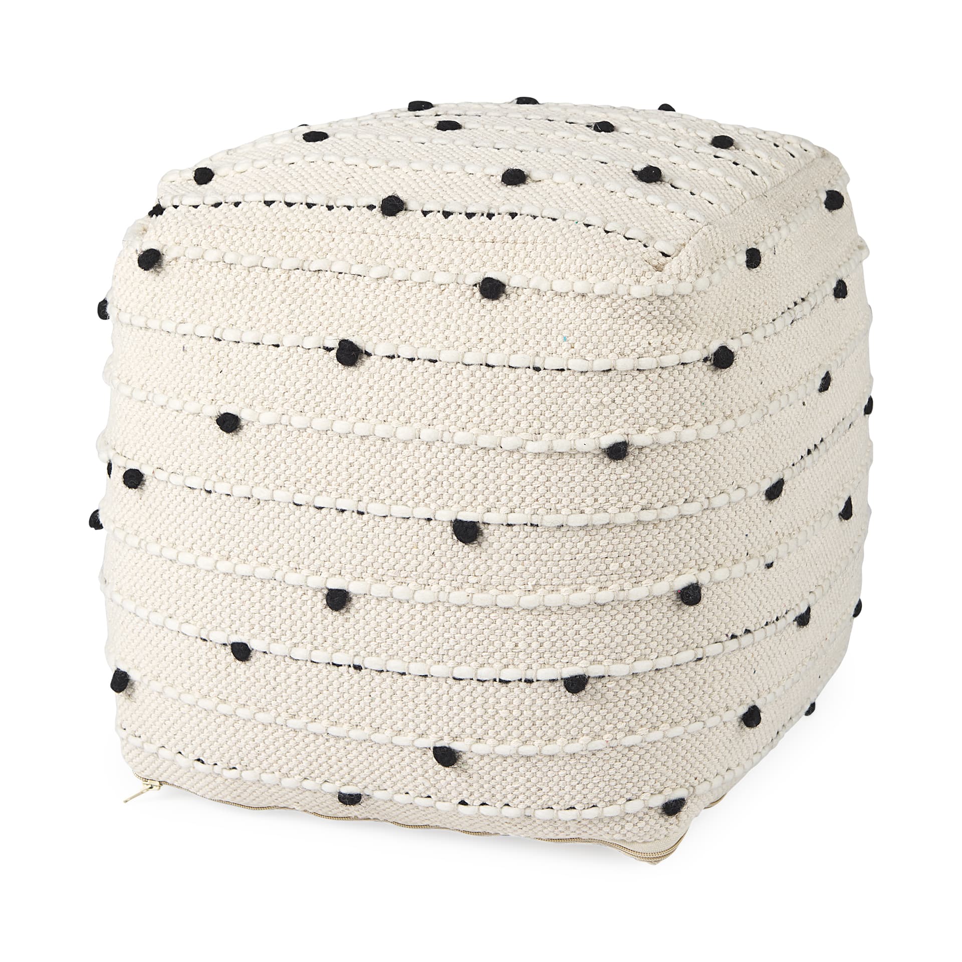 Amaira 16.0L x 16.0W x 16.0H Cream/Black/White patterned Wool and Cotton Pouf — product photograph