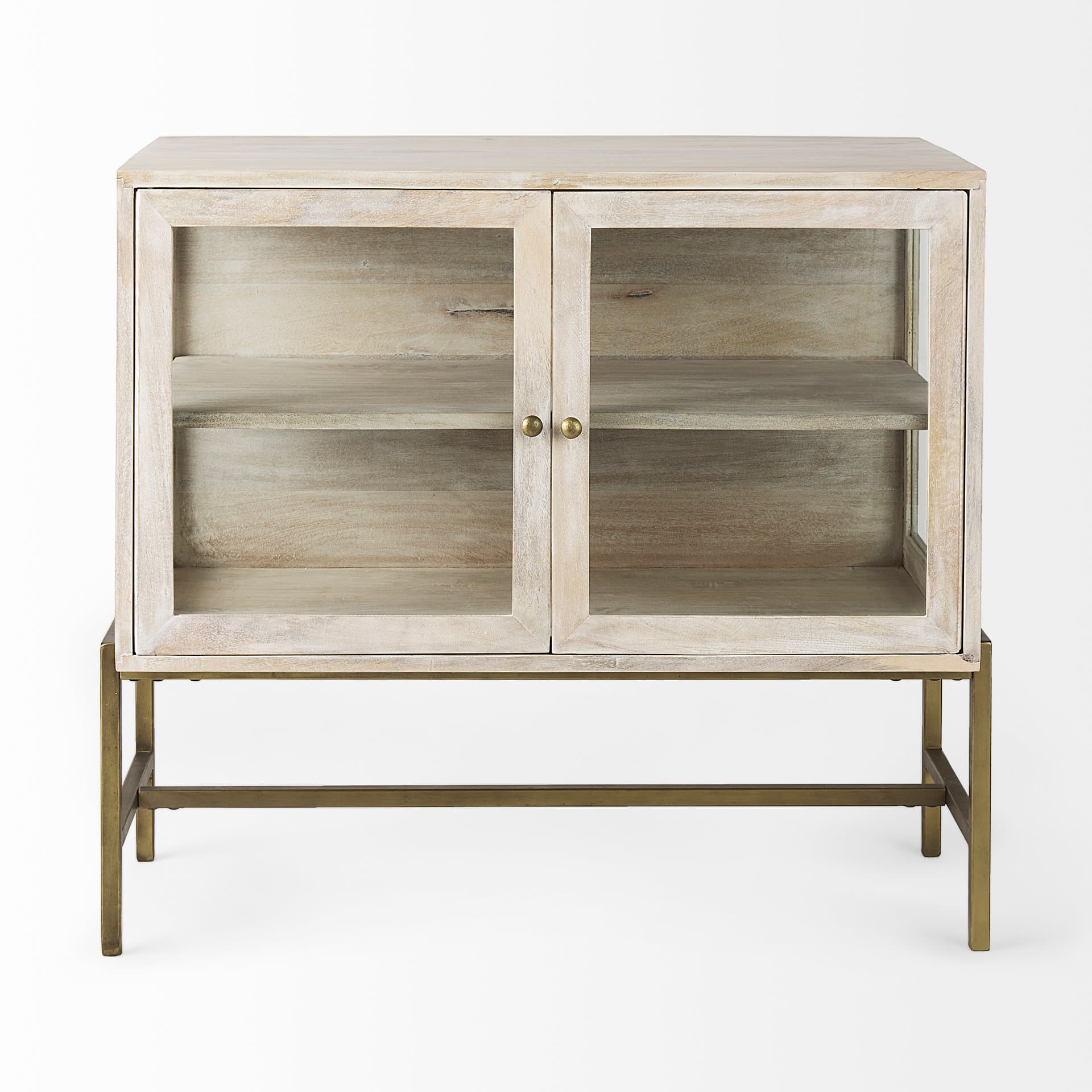 Arelius 36L x 18W x 32H White Wood, Gold Metal Base w/ 2 Glass Doors Accent Cabinet — product photograph