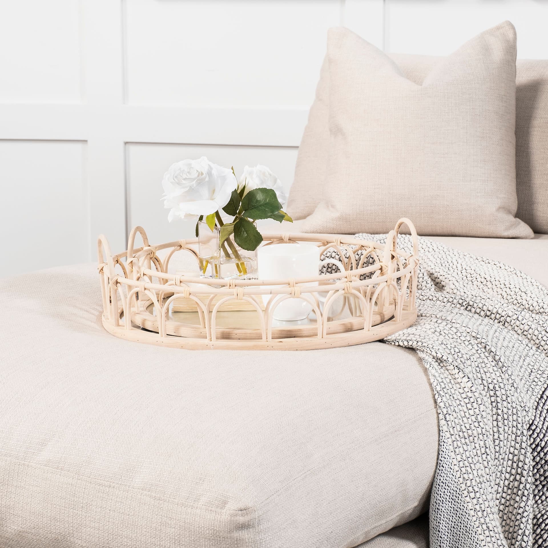 Leona (Set of 2) Natural Wicker Woven Mirrored Base Nesting Trays — product photograph