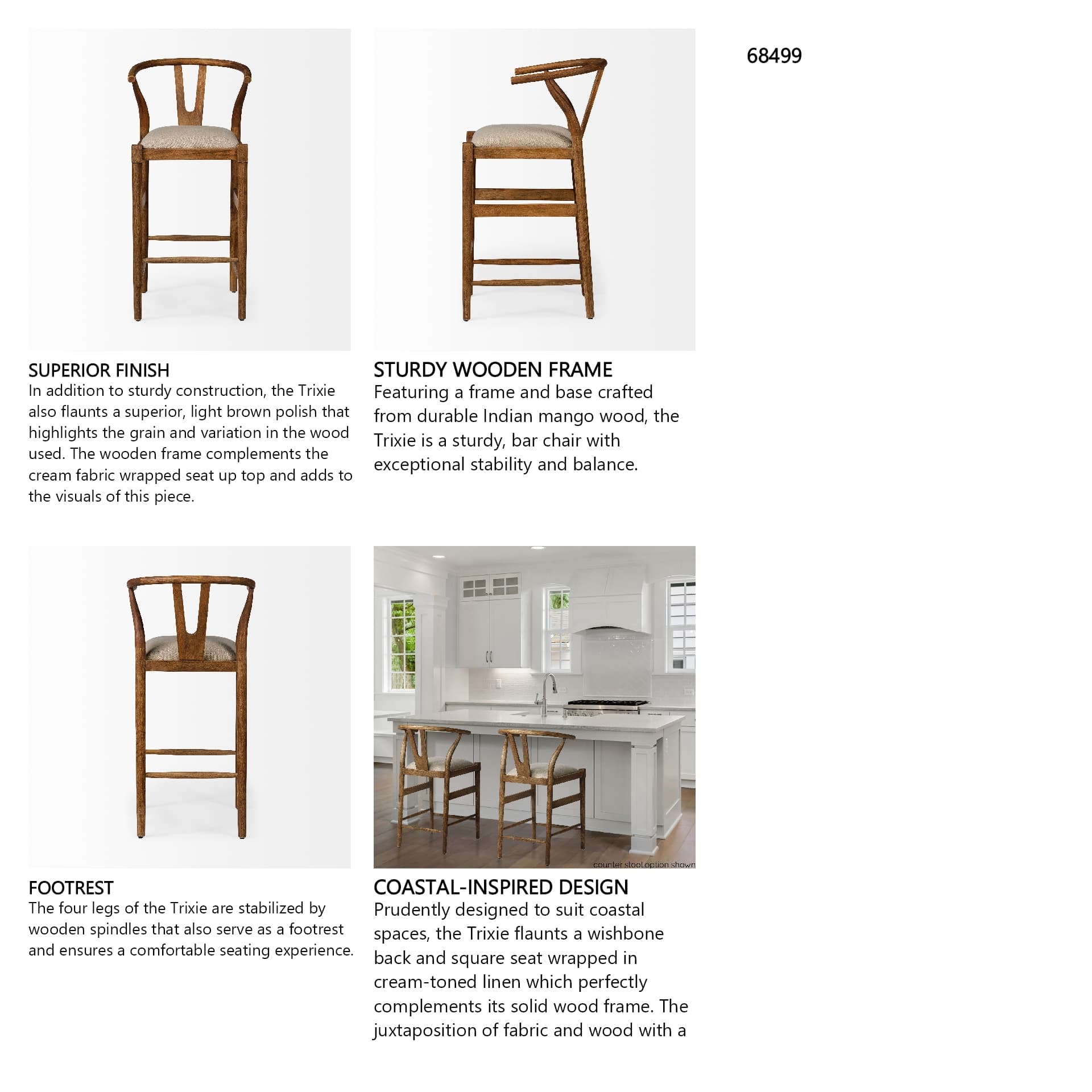 Trixie Low Back 30.25in Seat Bar Stool | Cream Fabric w/ Brown Wood — product photograph