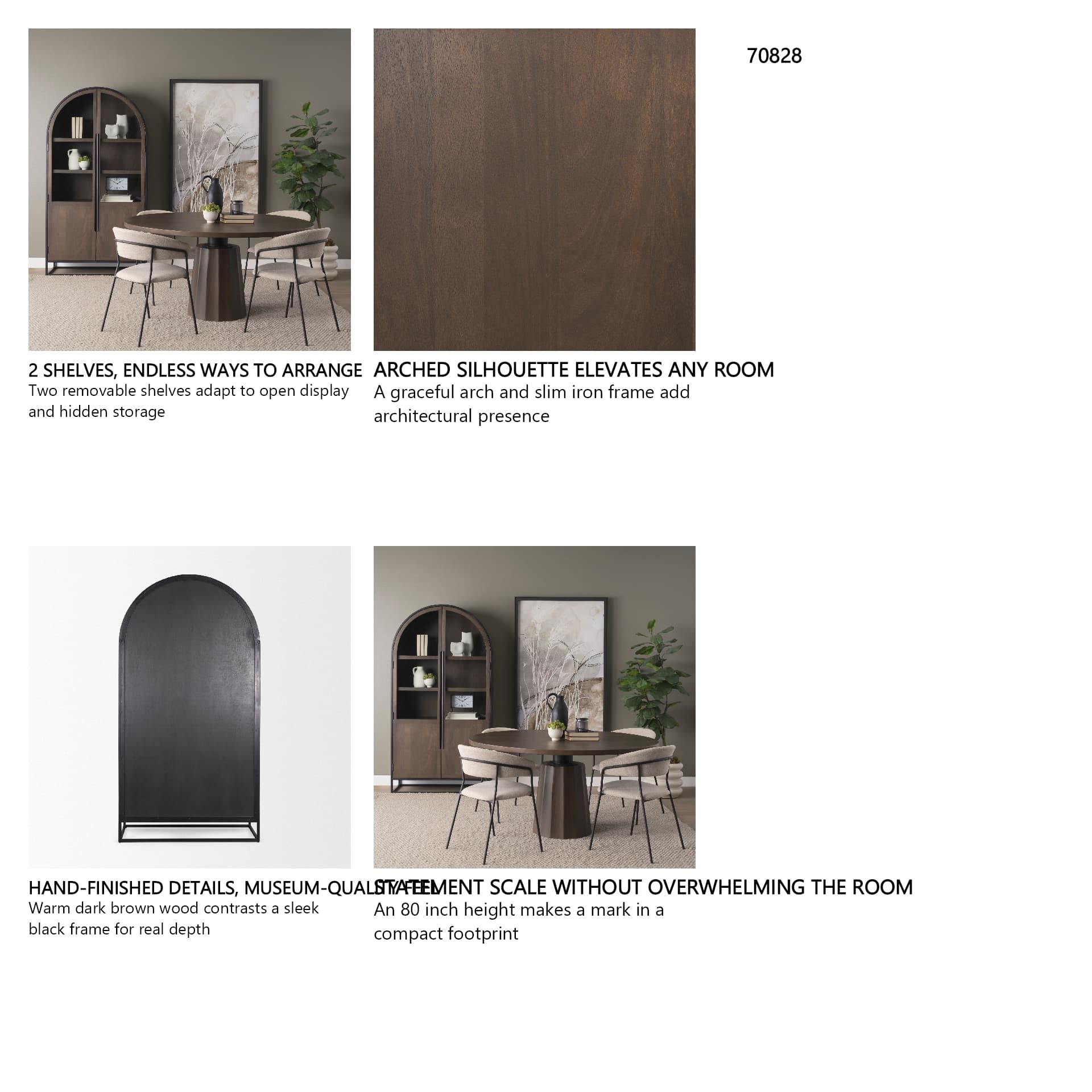 Sloan 42W x 80H Dark Brown Wood W/Black Metal Arched Curio Cabinet — in a styled room