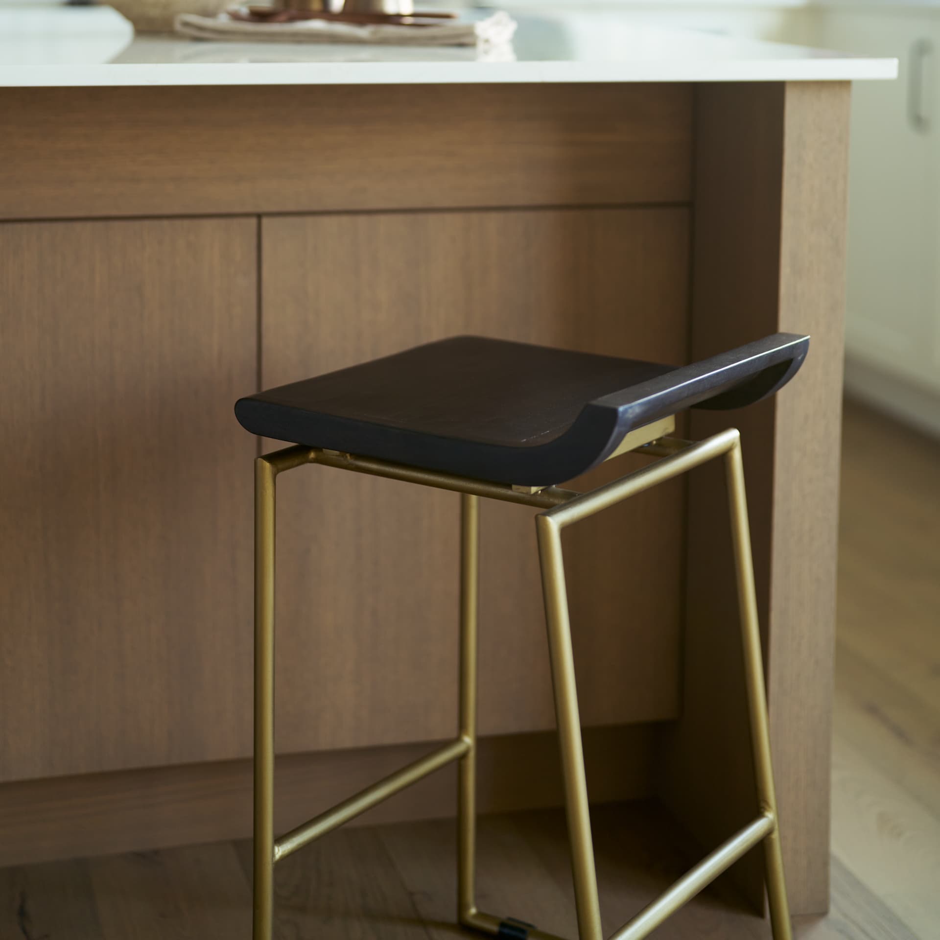 Givens Backless 26in Seat Counter Stool | Brown Wood w/ Gold Metal — product photograph