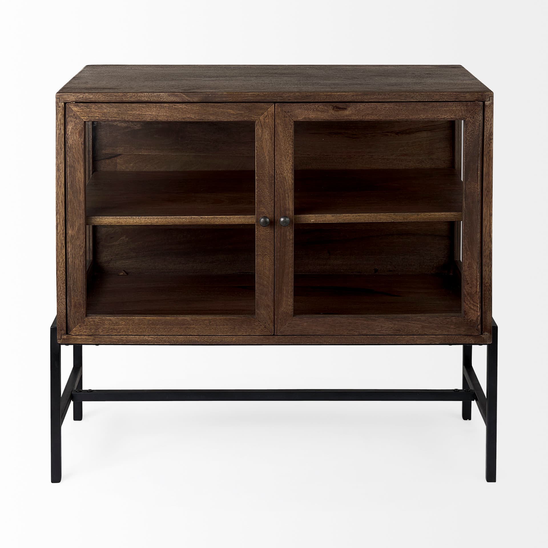 Arelius 36L x 18W x 32H Medium Brown Wood, Black Metal Base w/ 2 Glass Doors Accent Cabinet — product photograph