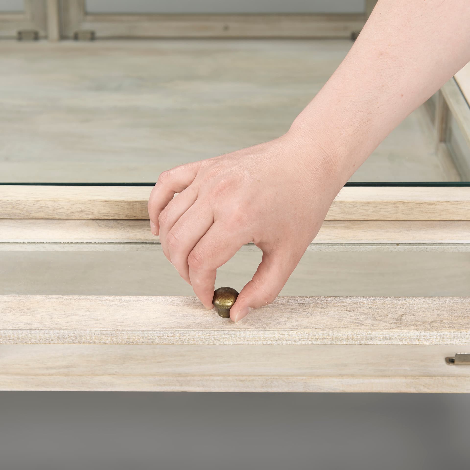 Arelius 42" Square Glass-Top White Wood w/ Gold Metal Base Display Coffee Table — product photograph