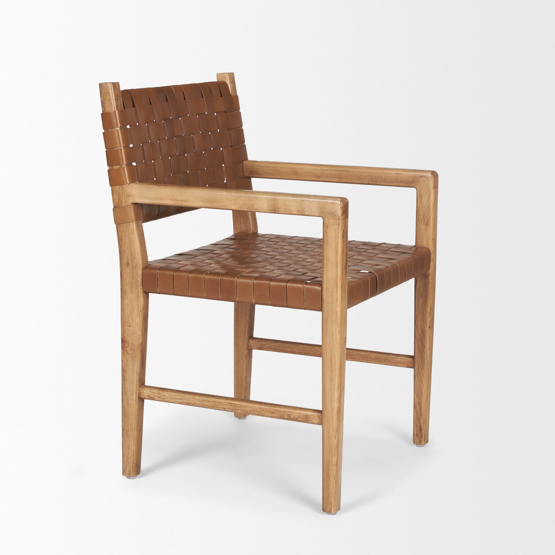 Shane Curved Back Dining Arm Chair | Woven Brown Leather w/ Brown Wood — product photograph