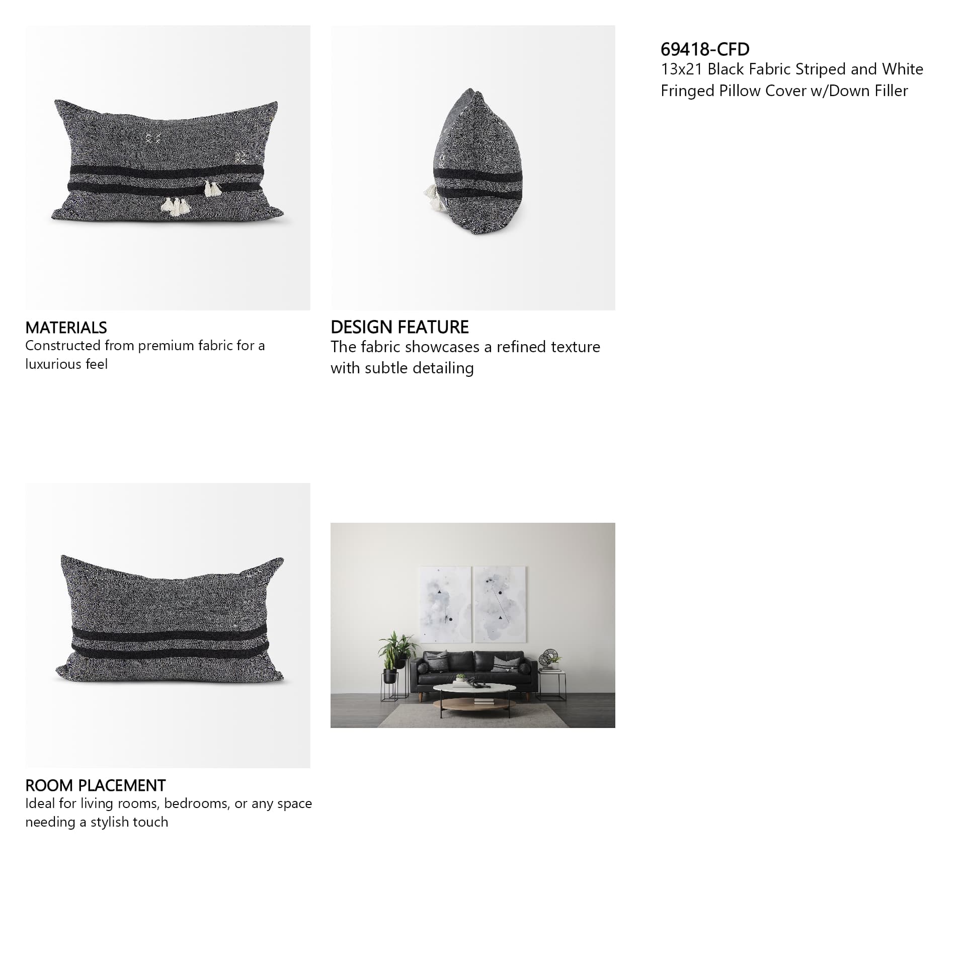 Sibyl 13x21 Black Fabric Striped and White Fringed Pillow Cover w/Down Filler — in a styled room
