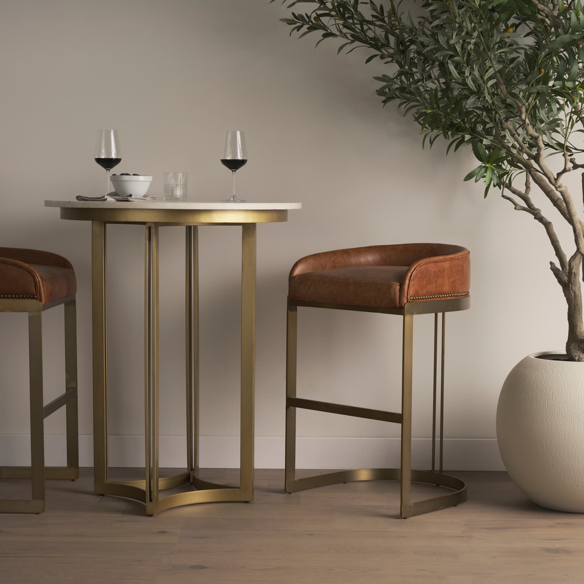 Tanner 32"L x 32"W Pedestal Dining Table | White Marble & Matte Gold | Seats 2 — product photograph