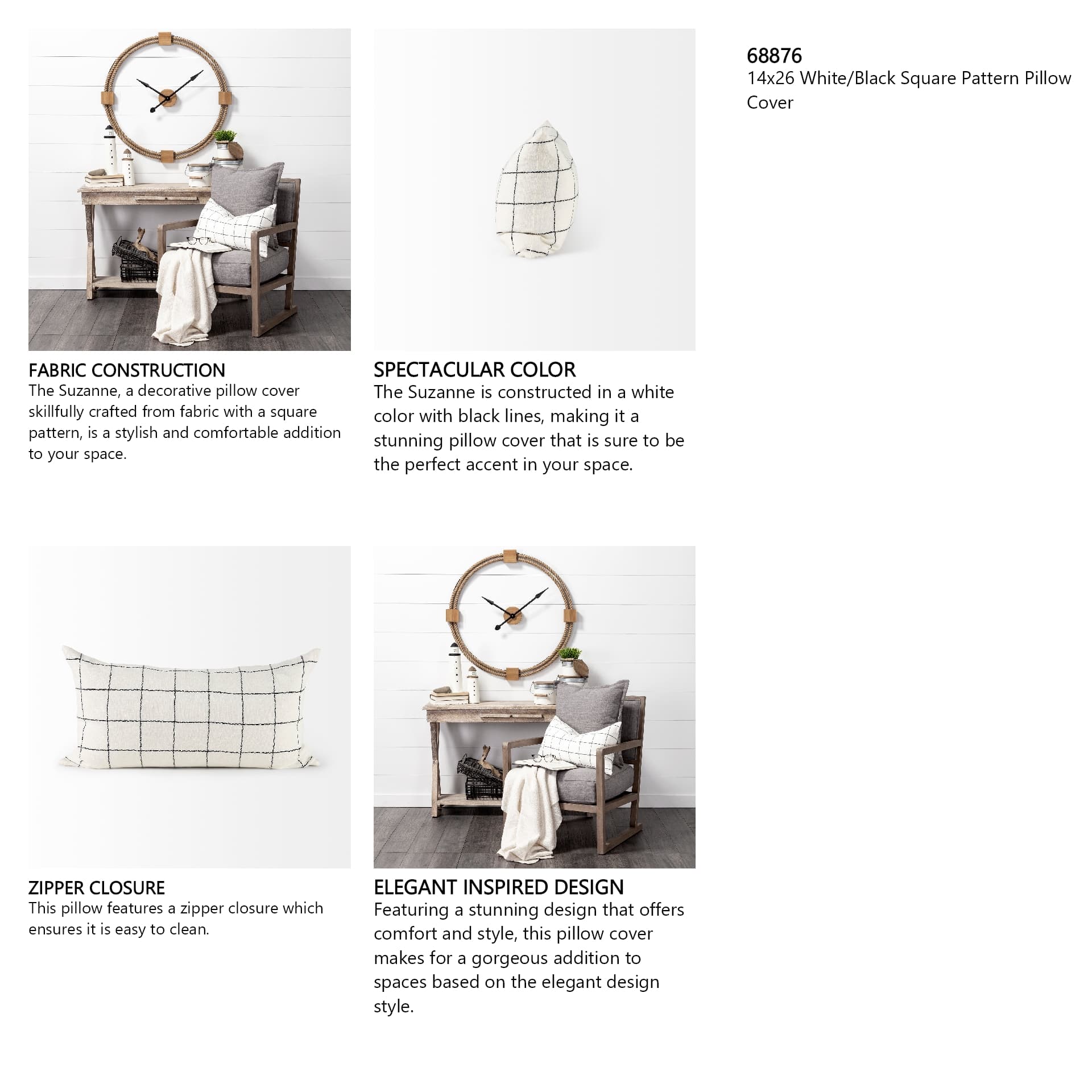 Suzanne 14x26 White/Black Square Pattern Pillow Cover — in a styled room