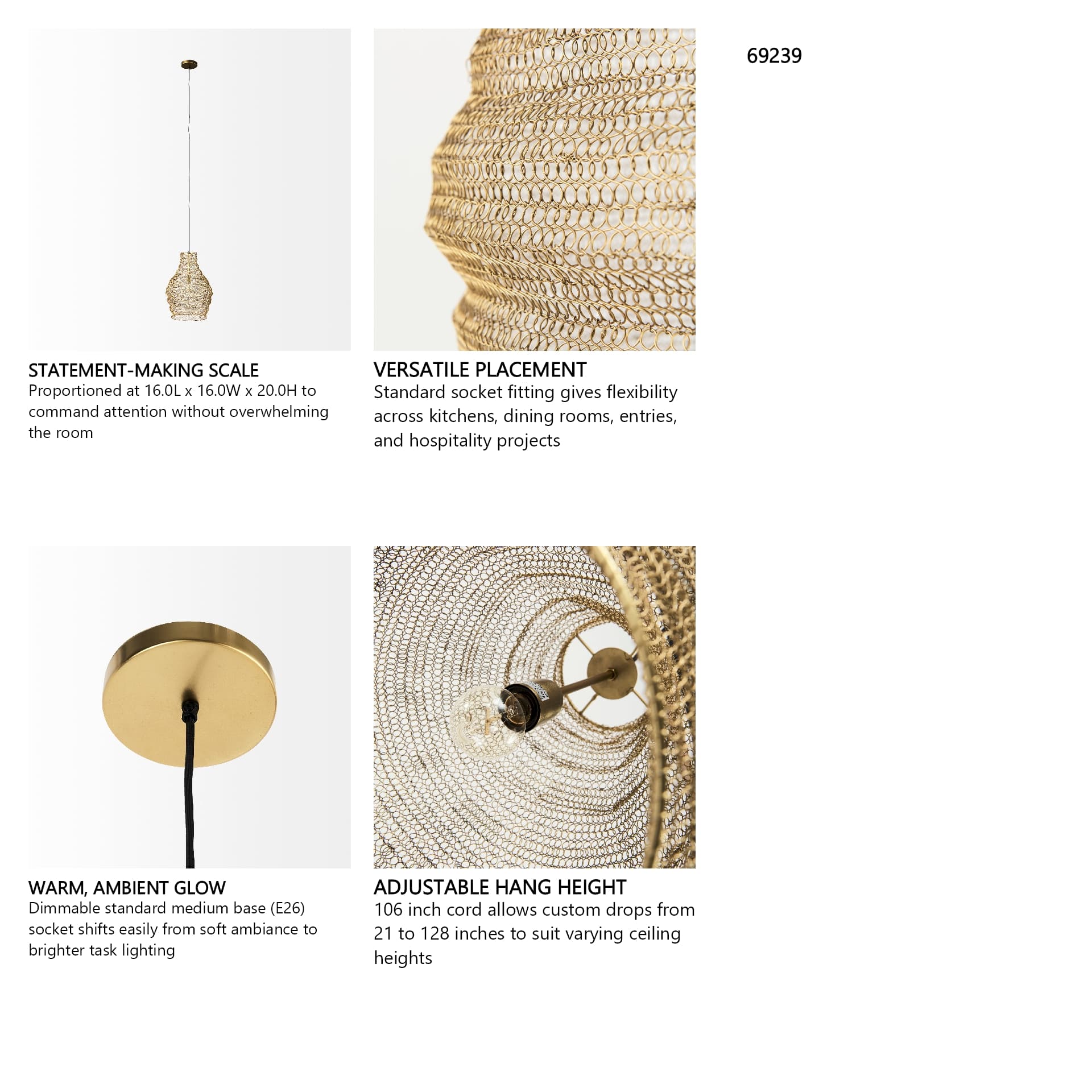 Halycon 16.0L x 16.0W x 20.0H Gold Mesh and Iron Pendant Light — product photograph